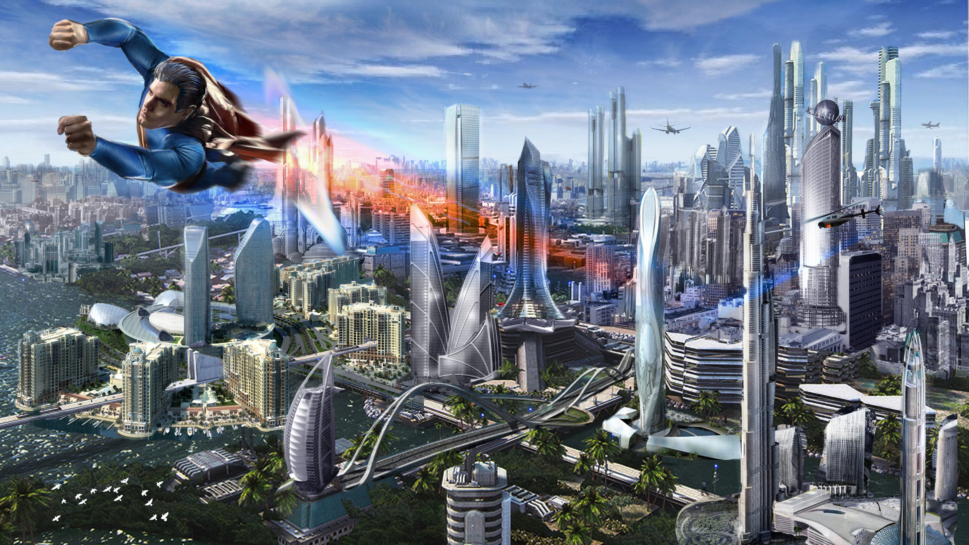 Superman flying over a futuristic city HD Wallpaper