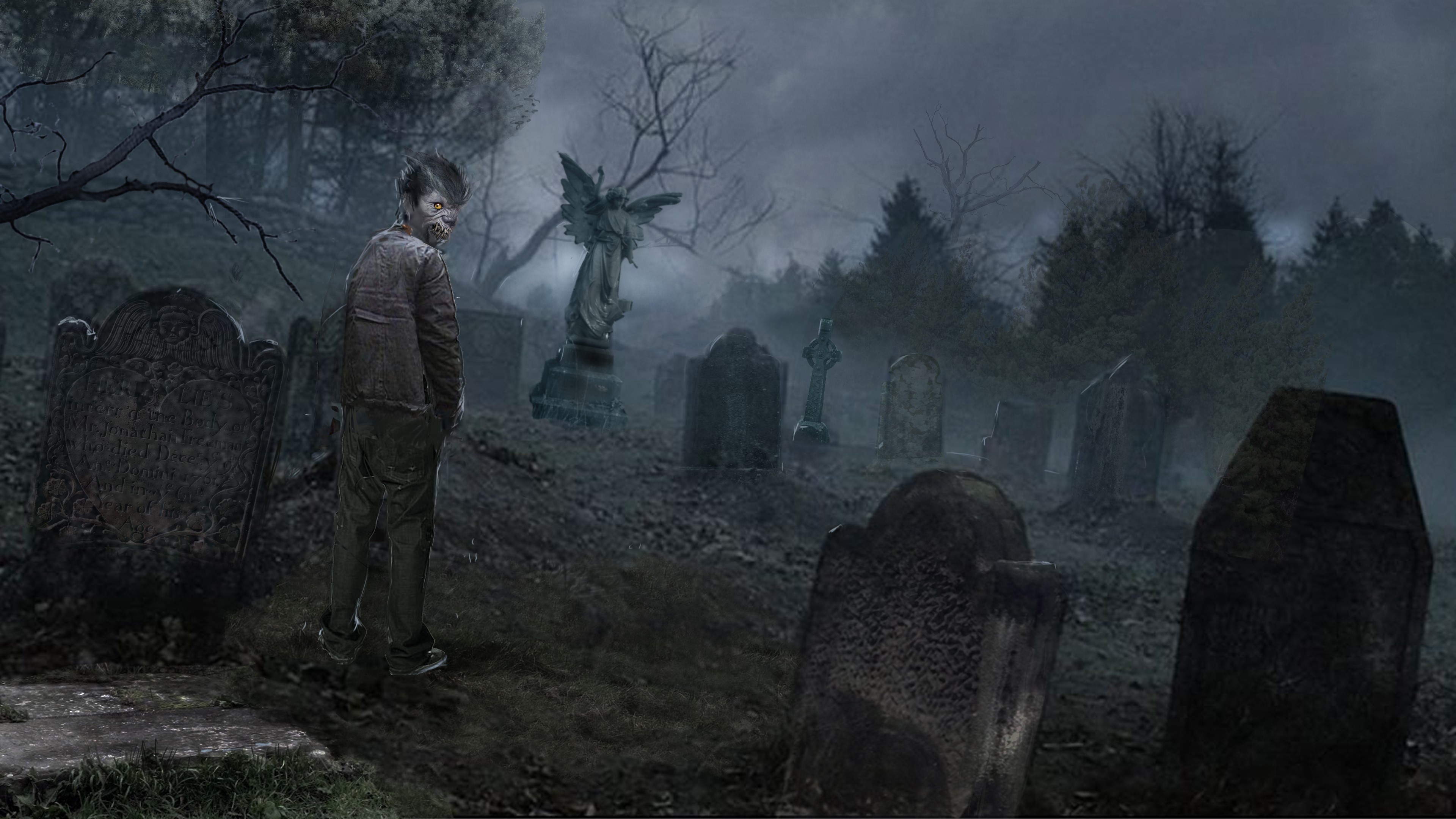 Zombie in a foggy graveyard at night HD Wallpaper