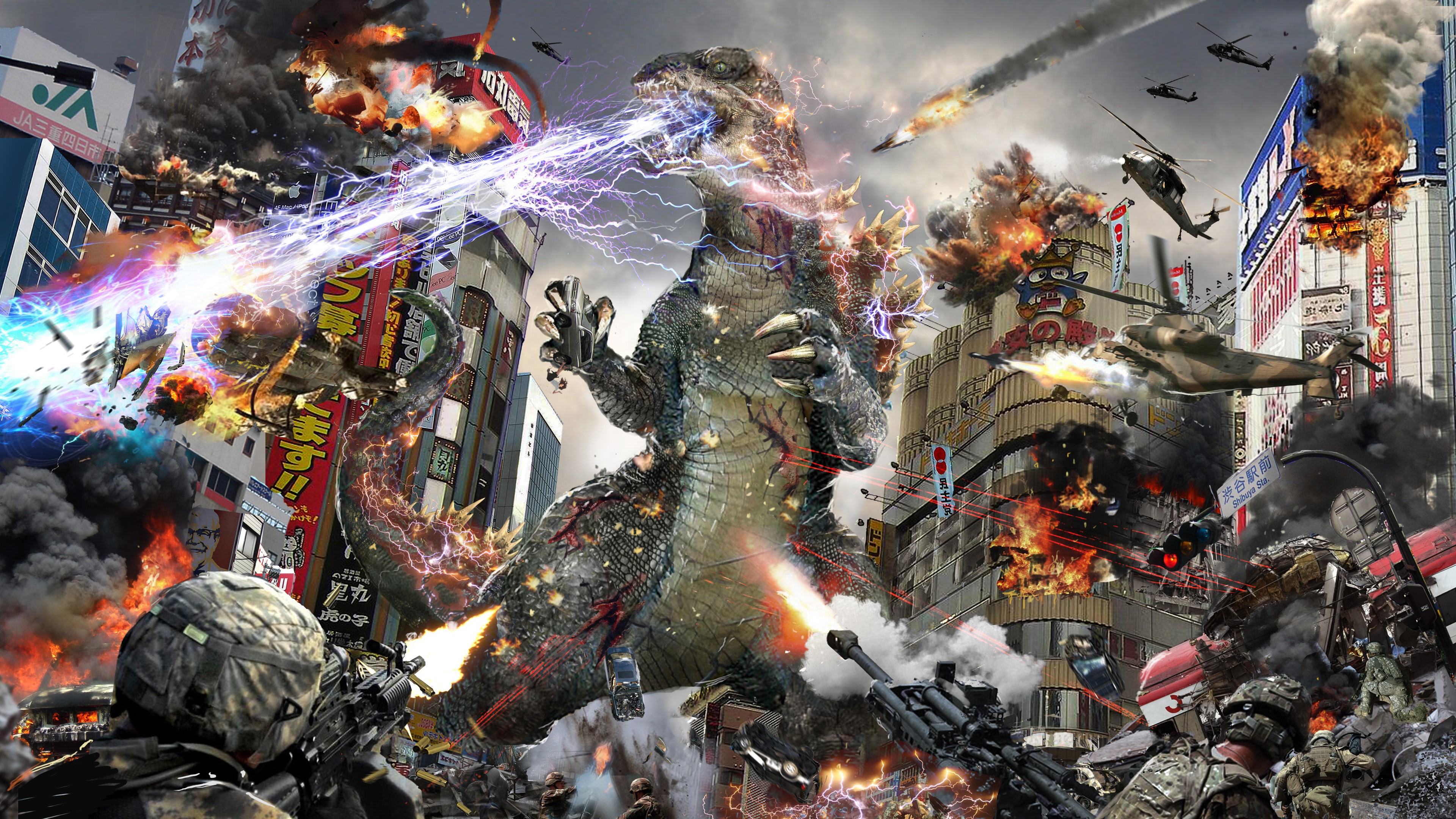 4K Godzilla Battles Monsters in City HD Wallpaper