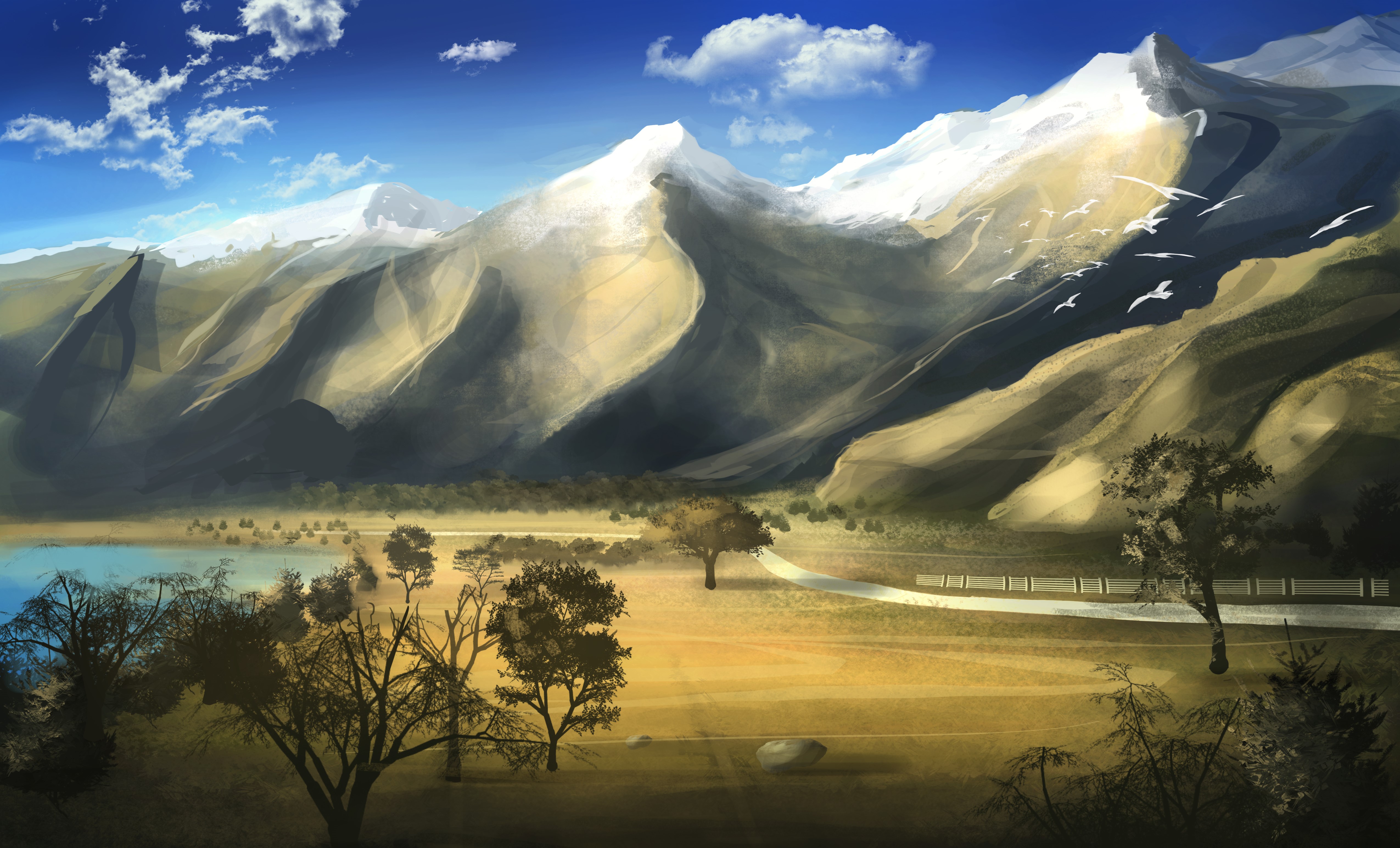 Painting of snow-capped mountains and a lake HD Wallpaper