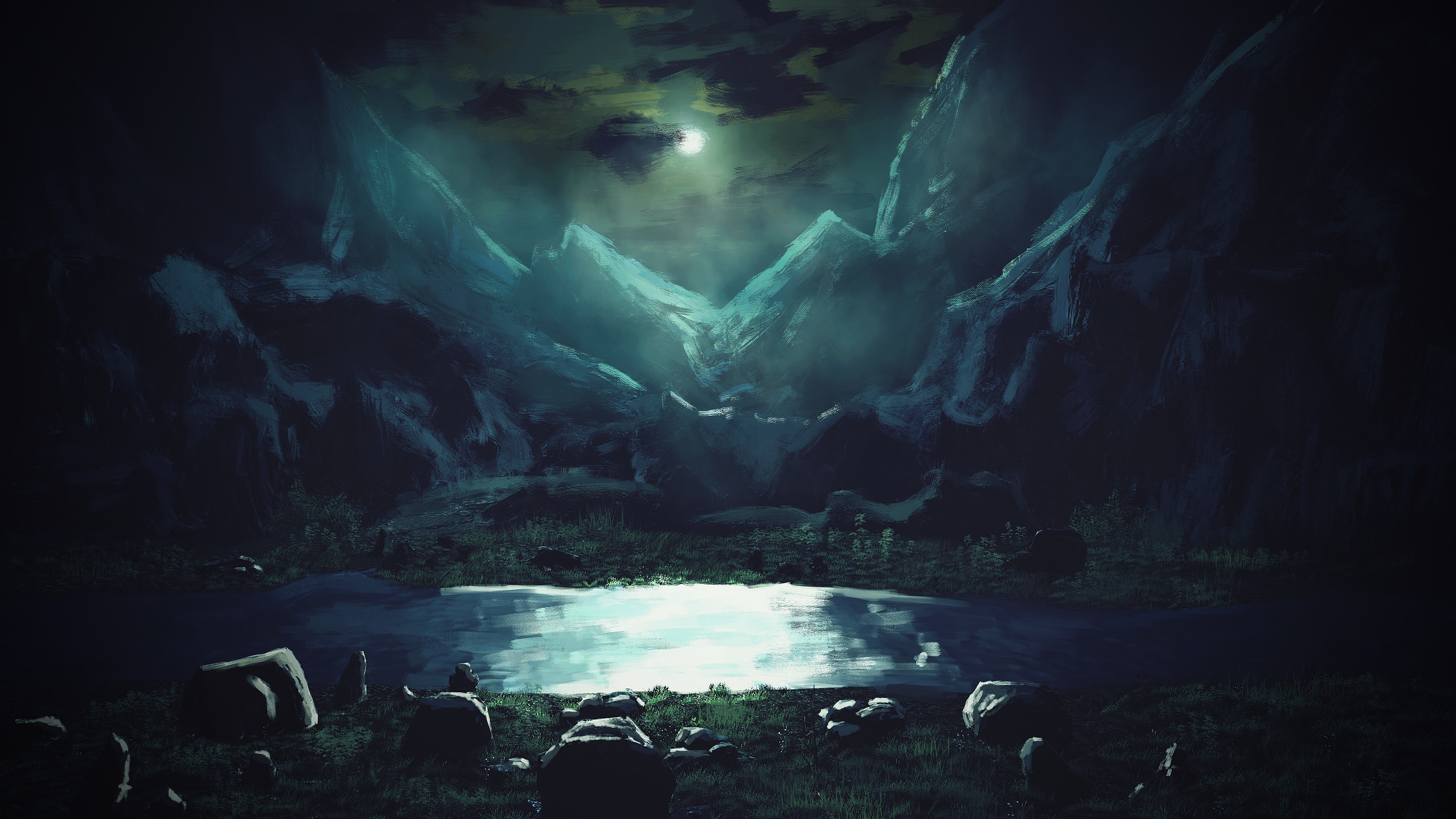 4K Mountains Painting Art Night Moon HD Wallpaper
