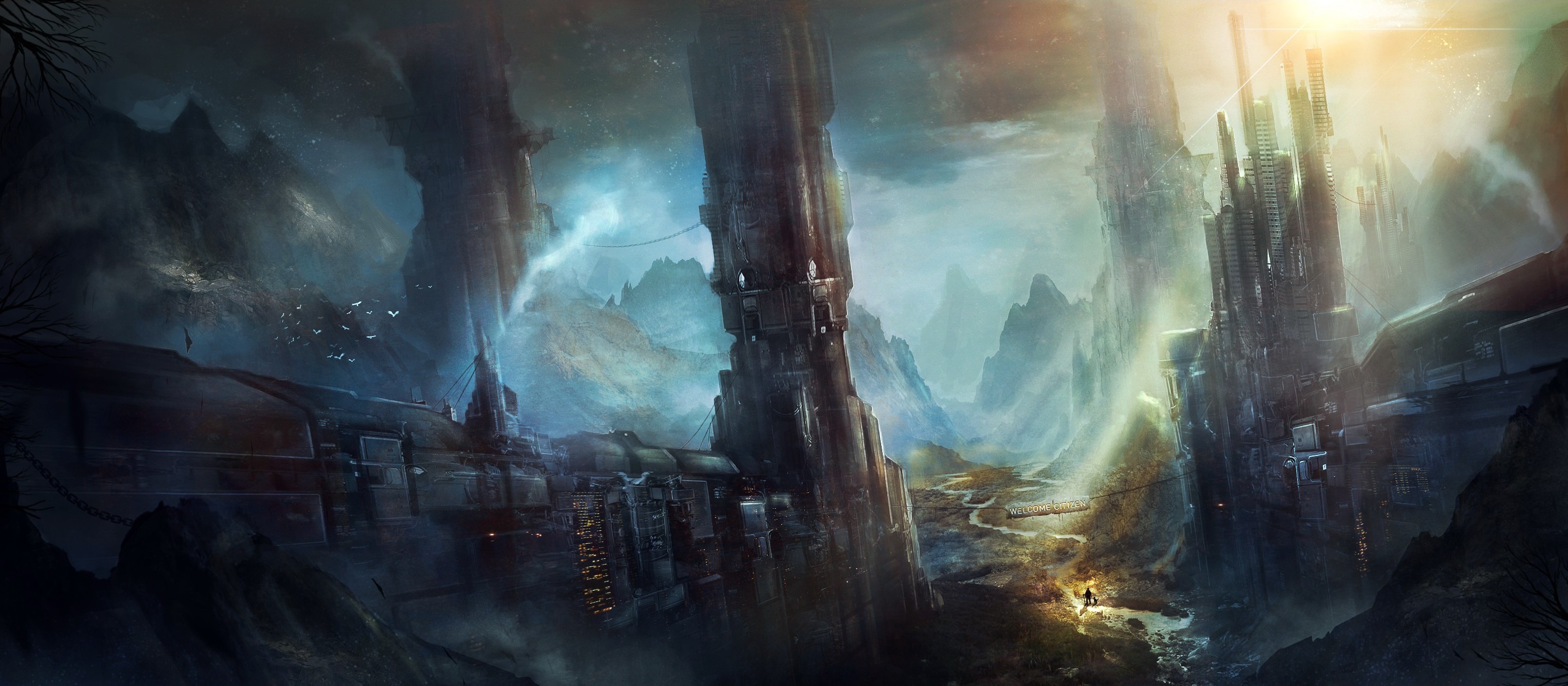 Futuristic city ruins in a misty mountain valley HD Wallpaper