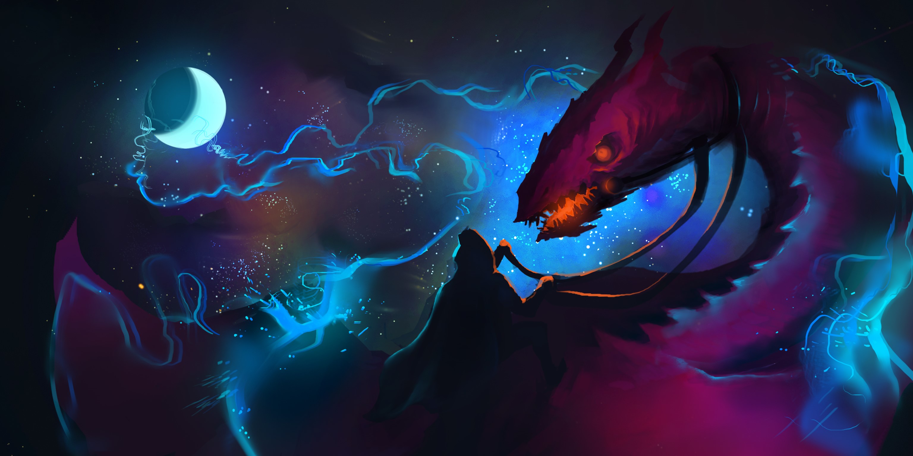 Dragon and Crescent Moon in Night Sky HD Wallpaper