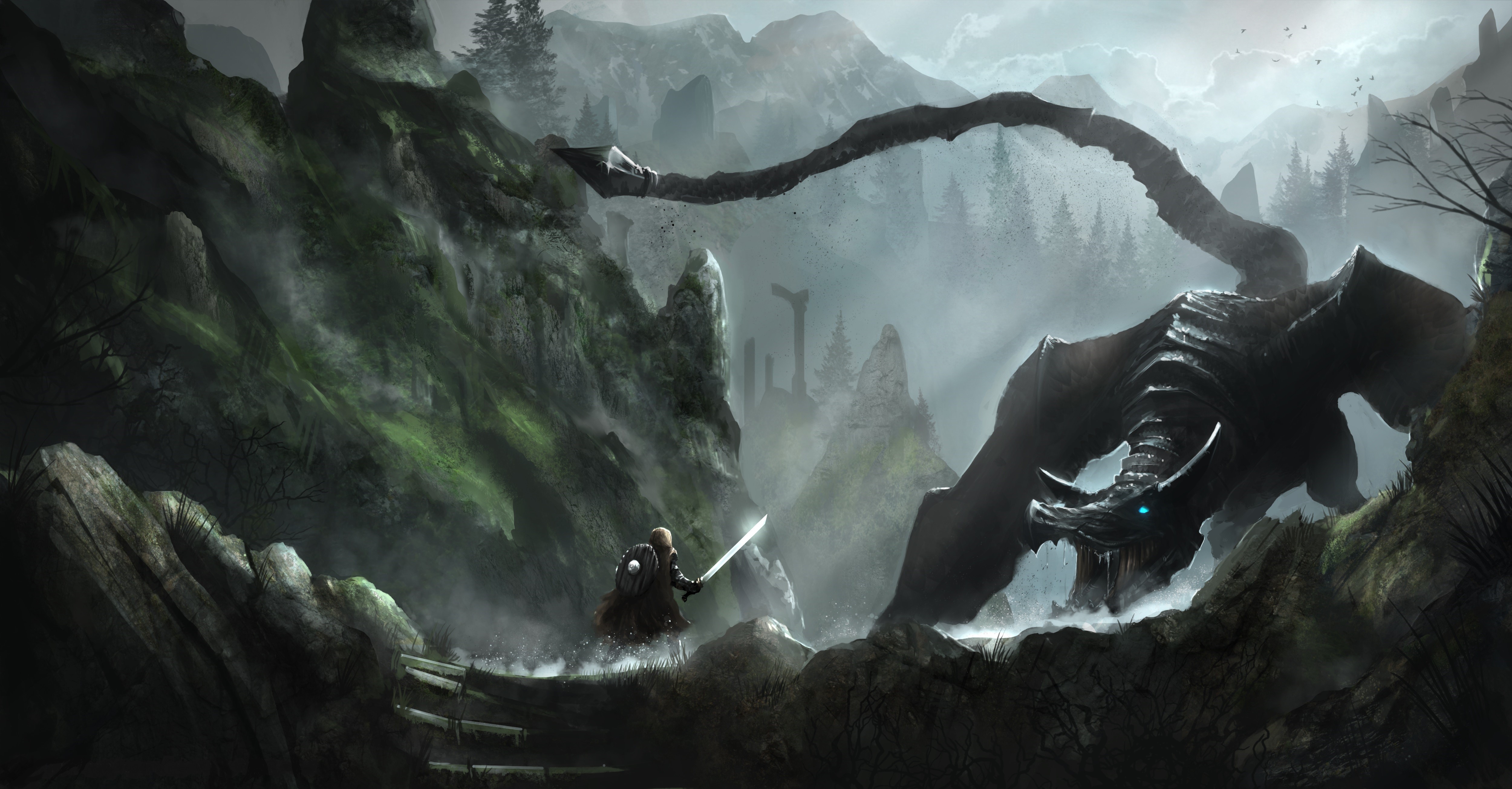 Warrior battles a dragon in a misty mountain valley HD Wallpaper
