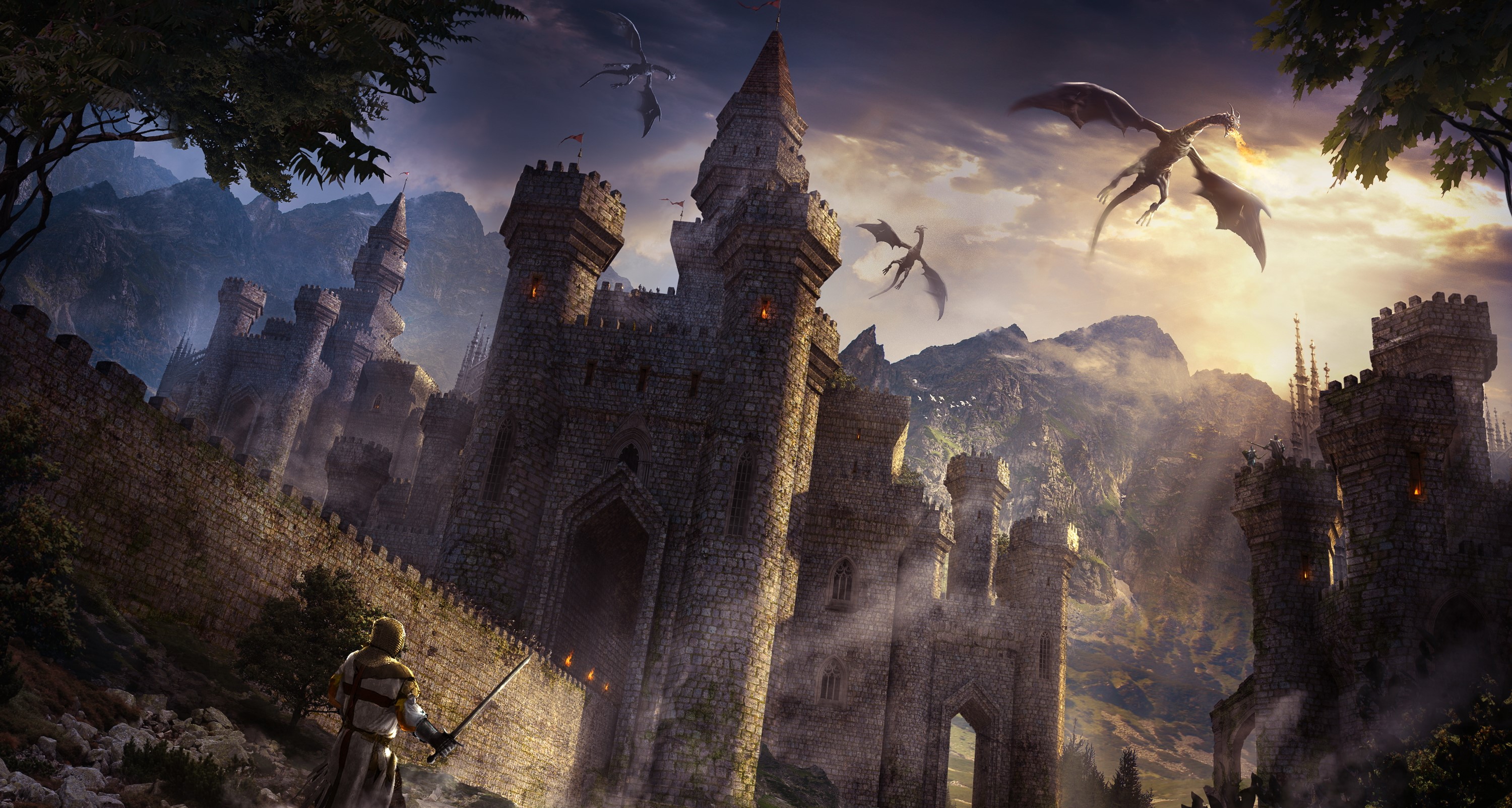 Castle with Dragons and Warrior HD Wallpaper