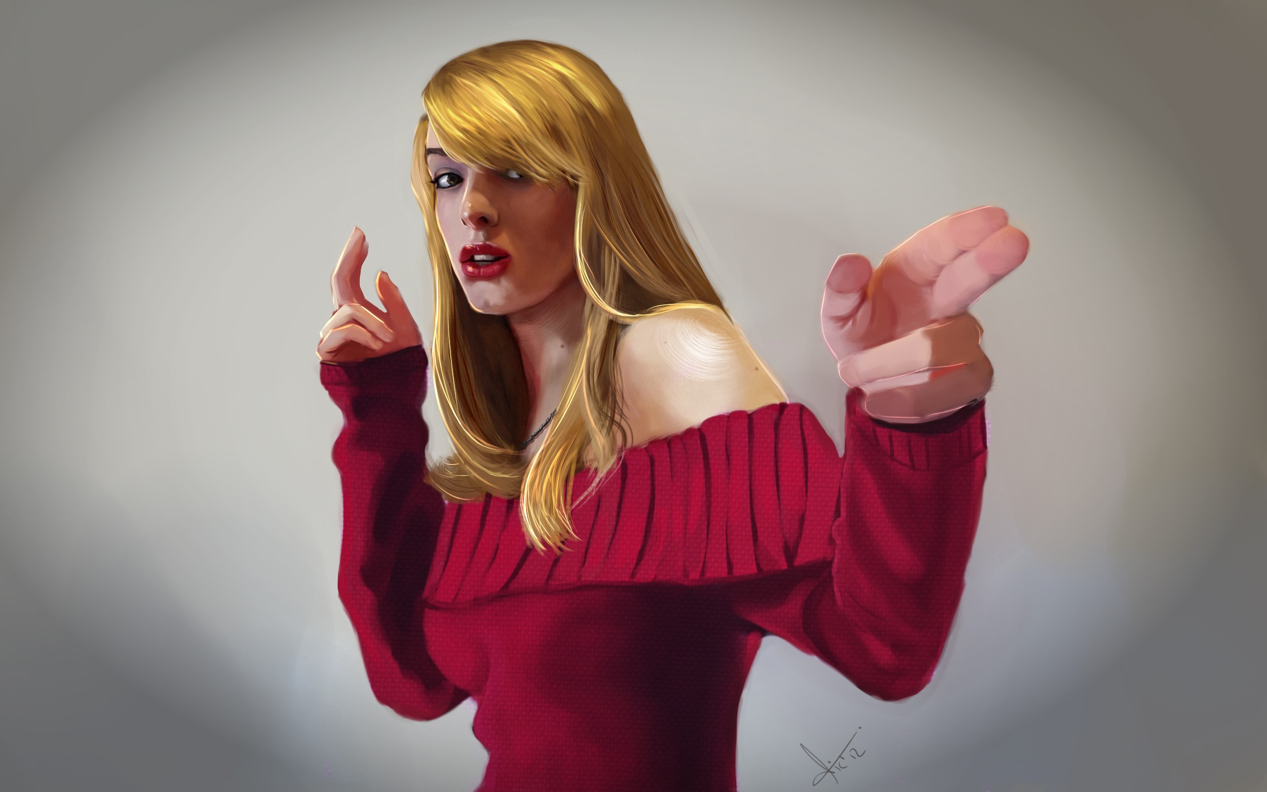 Blonde girl in red off-the-shoulder sweater HD Wallpaper