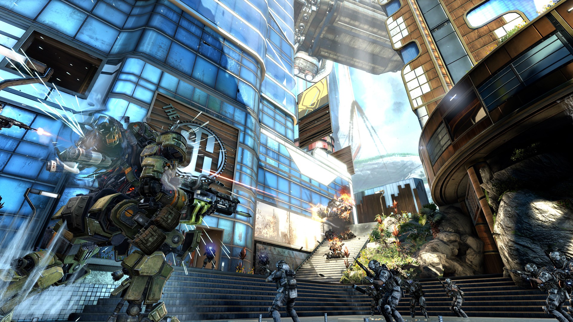 Titanfall mech and soldiers in urban combat HD Wallpaper