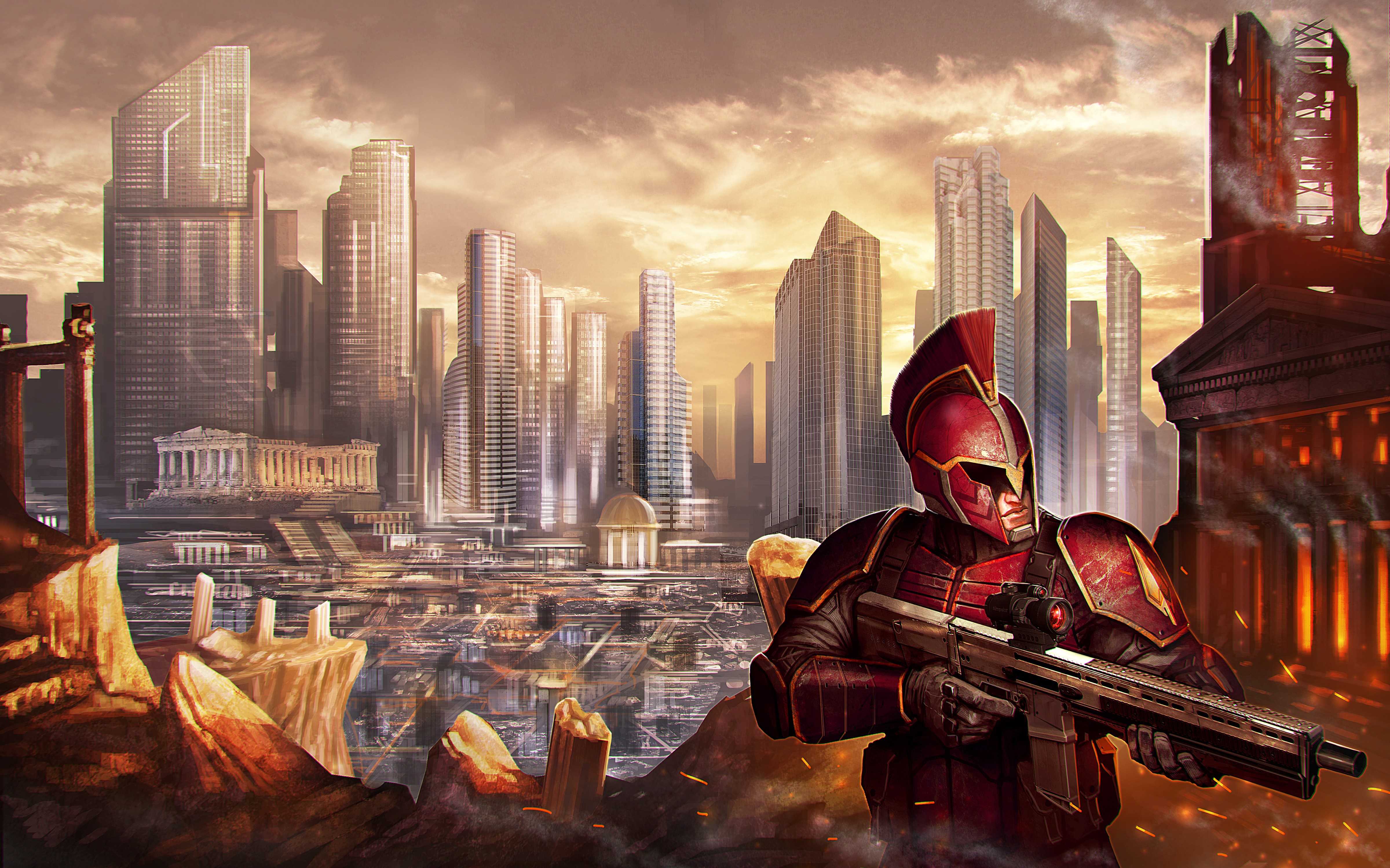 Warrior with Assault Rifle in Futuristic City HD Wallpaper