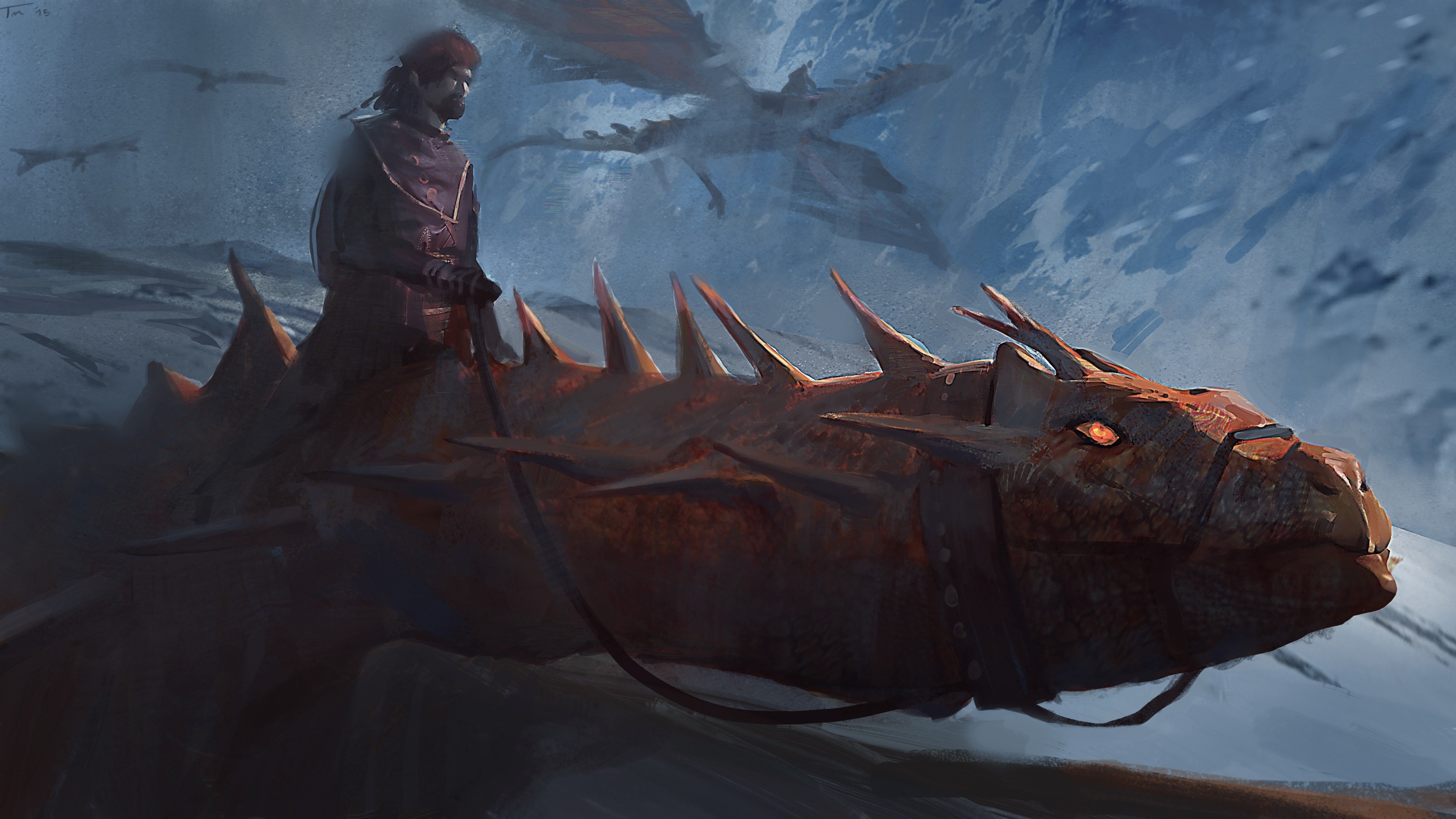 Warrior riding a dragon in a snowy landscape HD Wallpaper