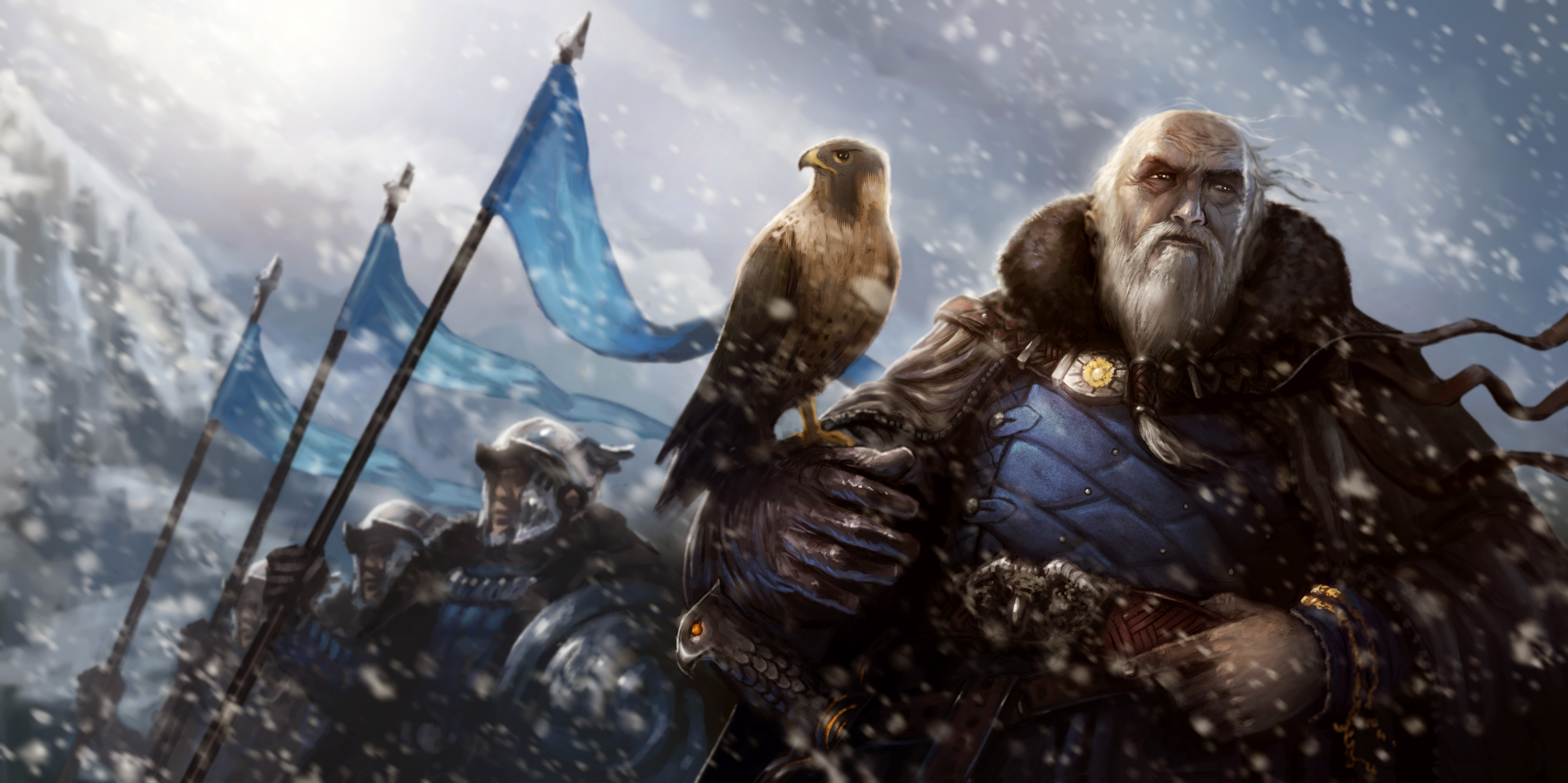 Warriors with Falcon and Flags in Snow HD Wallpaper