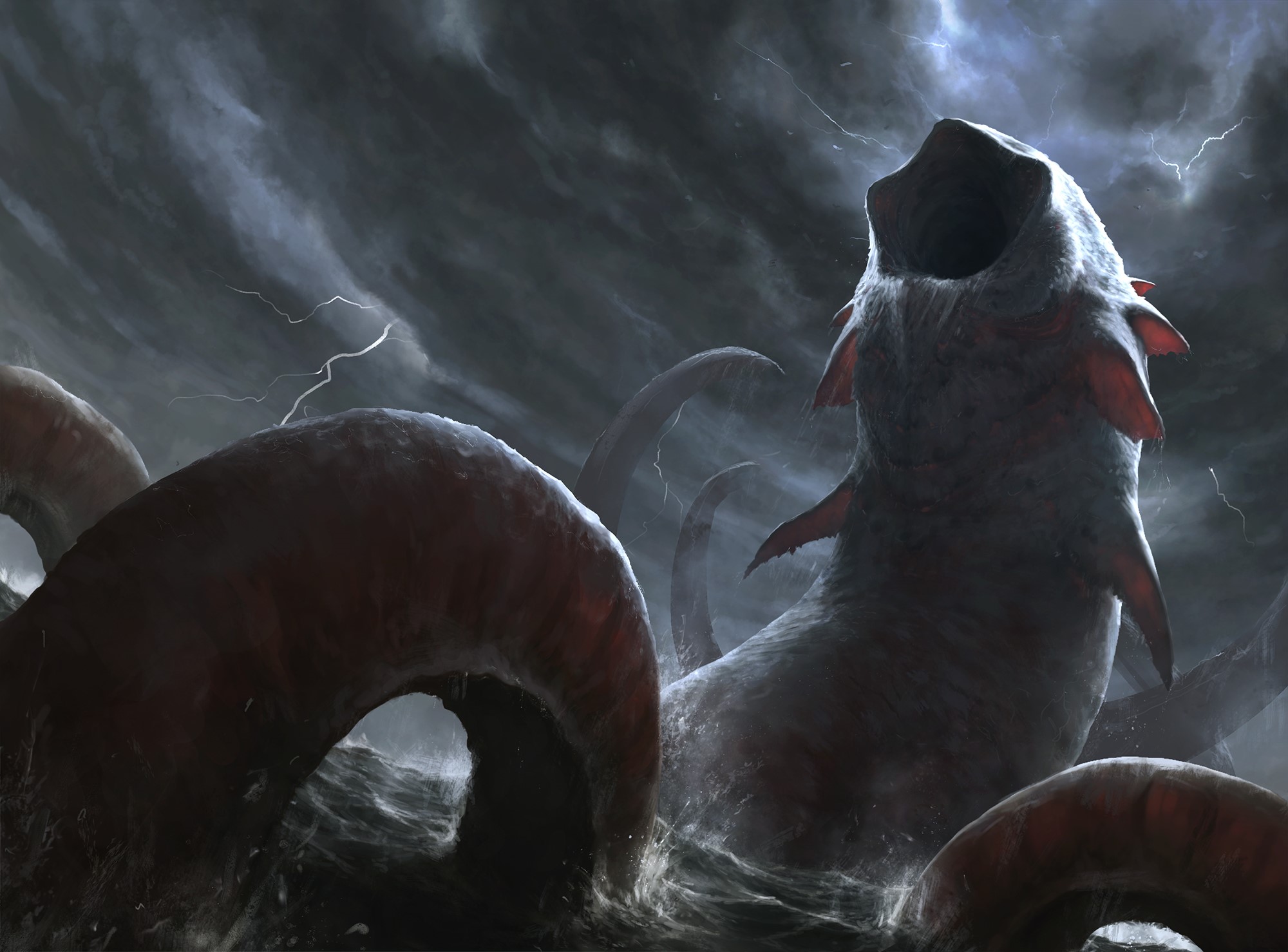 Giant sea monster with tentacles in a stormy sea HD Wallpaper