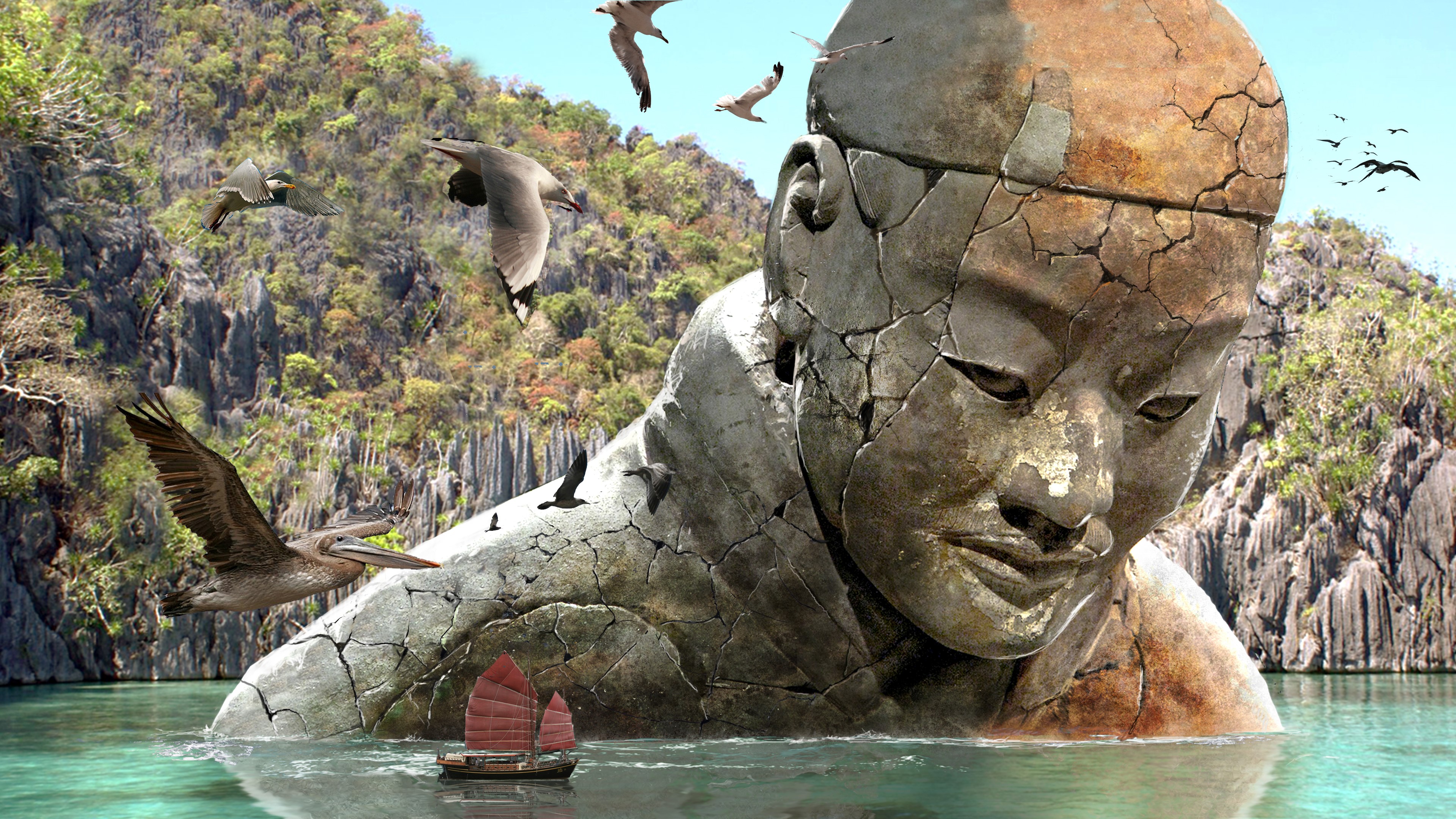 Giant Stone Head Monument in Water with Ships and Birds HD Wallpaper