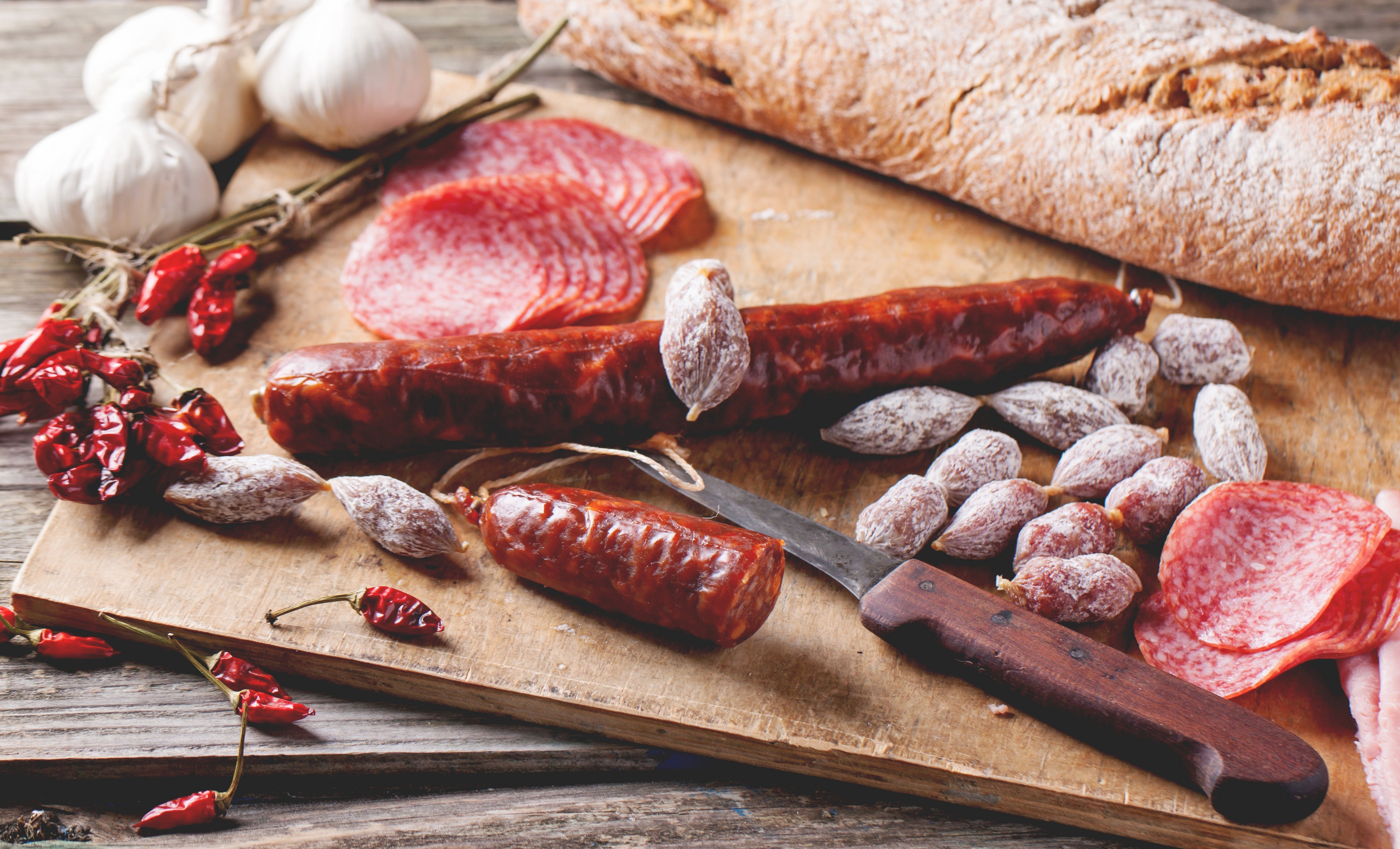 Sausage, Bread, Garlic, and Peppers on Cutting Board HD Wallpaper