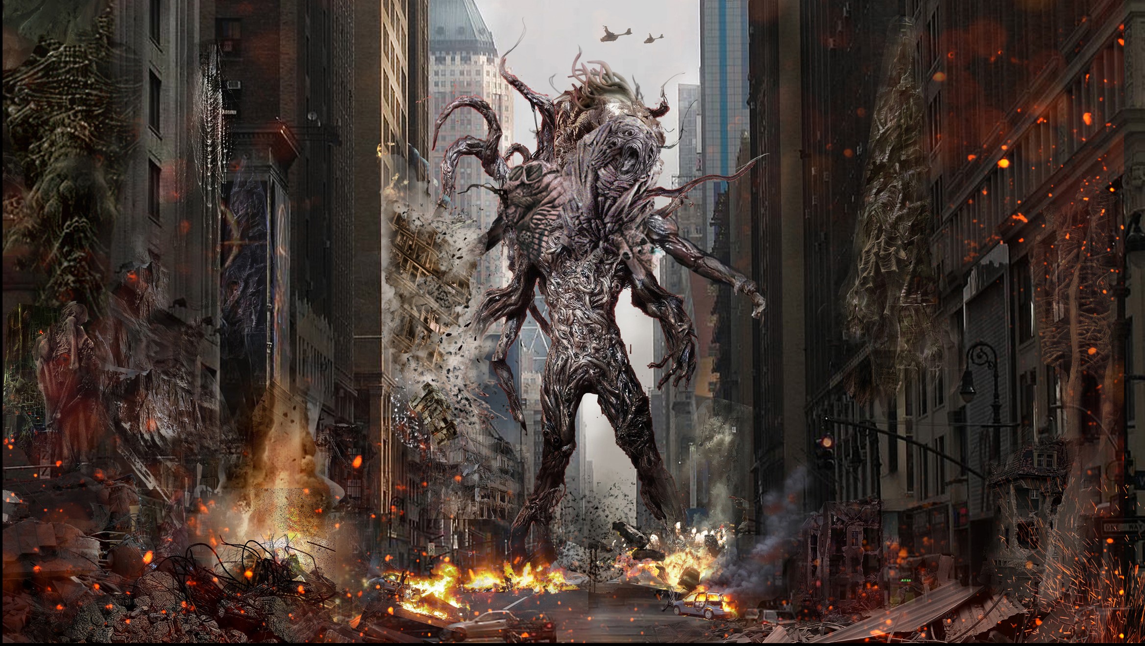 Monster destroying a city with planes in the sky HD Wallpaper