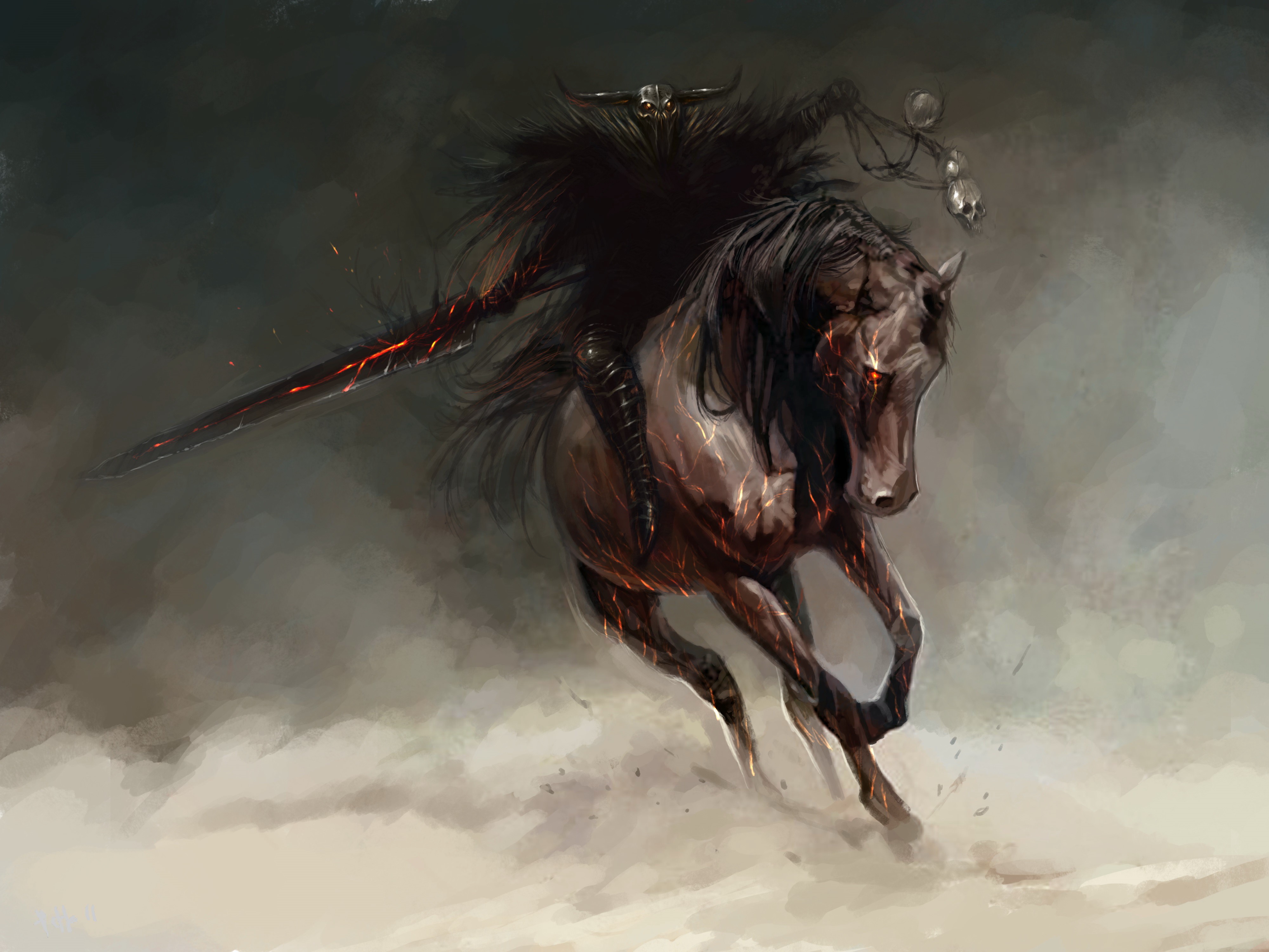 Warrior on a fiery horse with a sword HD Wallpaper