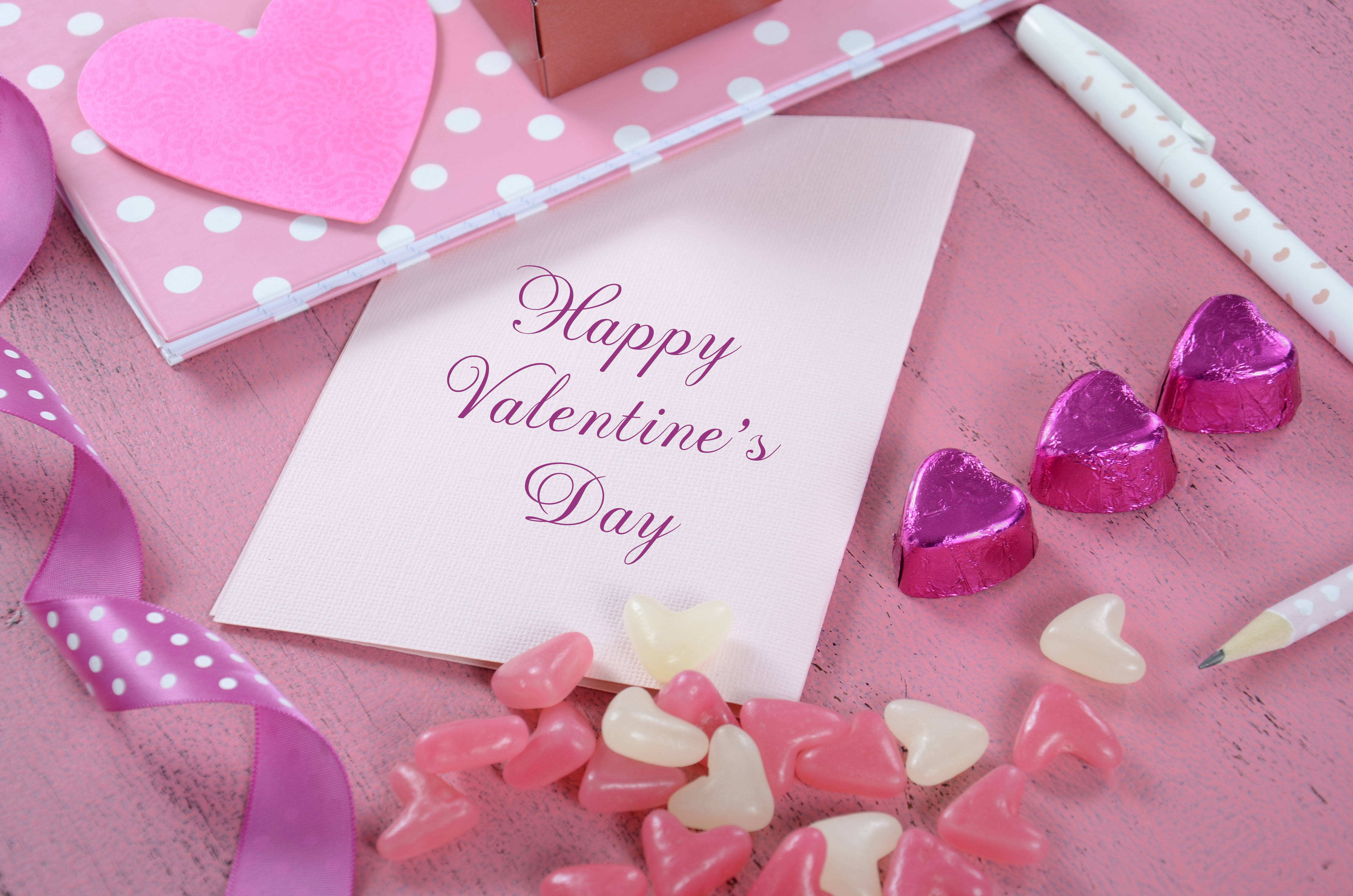 Valentine's Day card with chocolates and ribbon HD Wallpaper