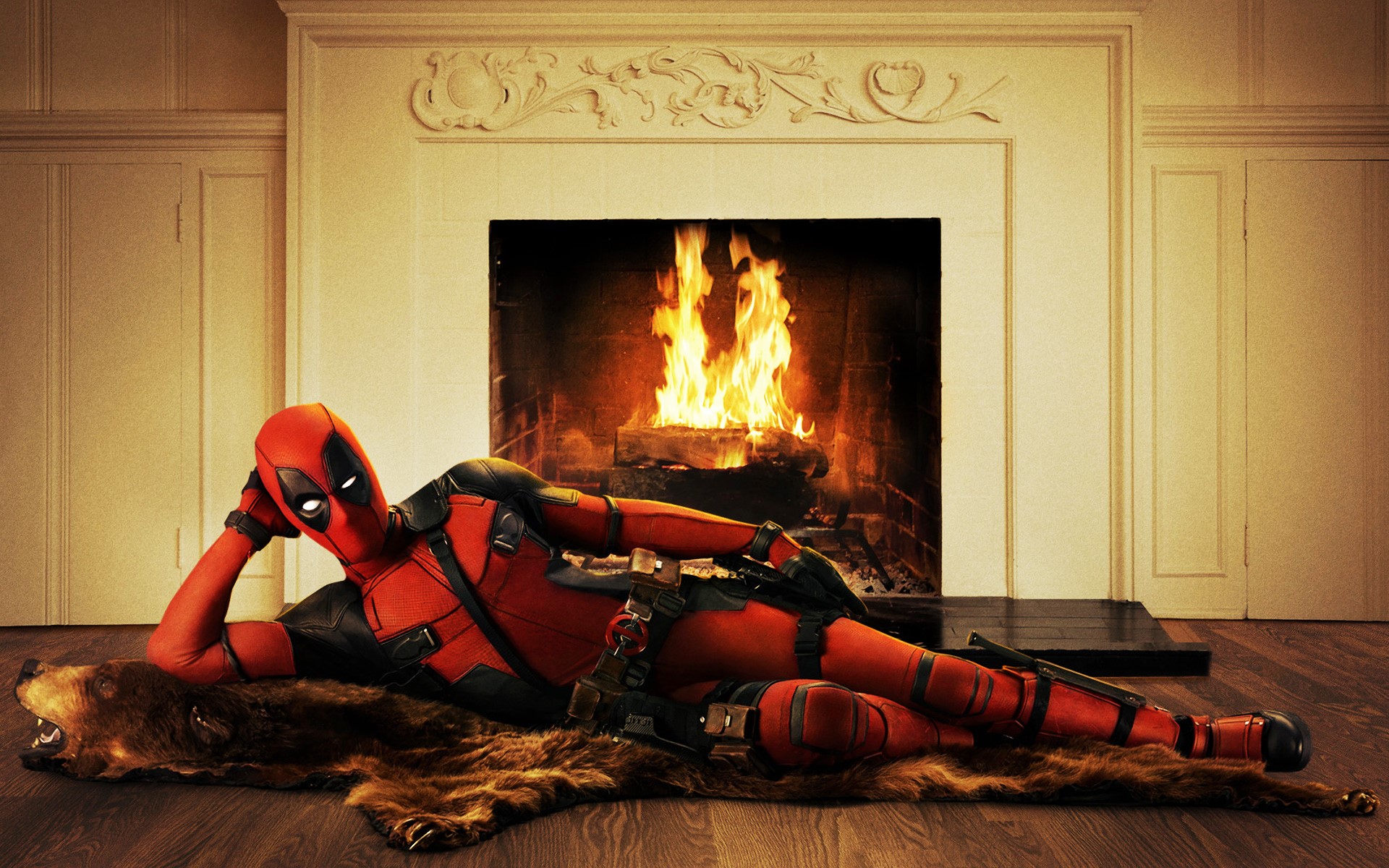 Deadpool lying on a bear rug by a fireplace HD Wallpaper