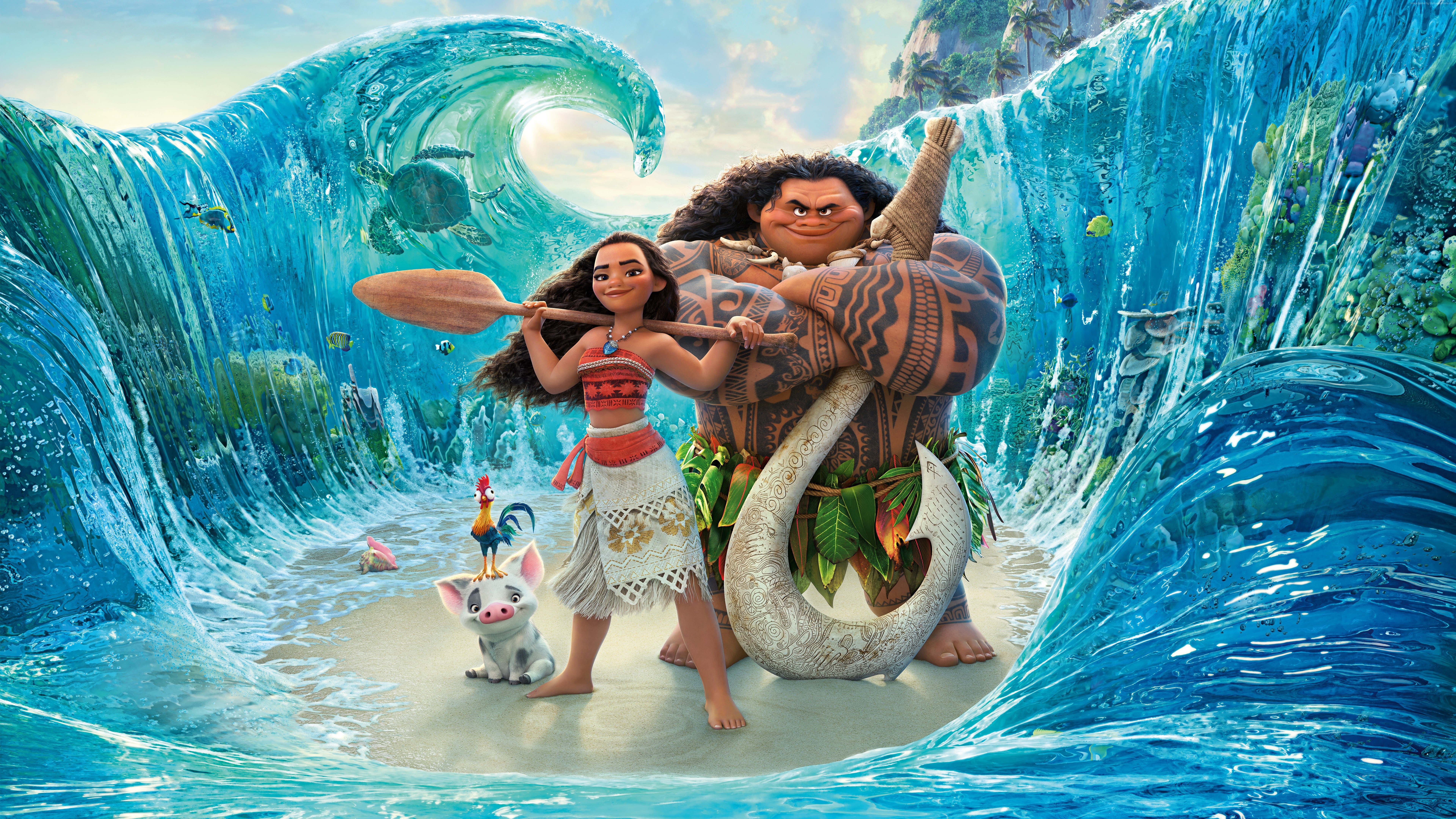 Moana and Maui with a large wave HD Wallpaper