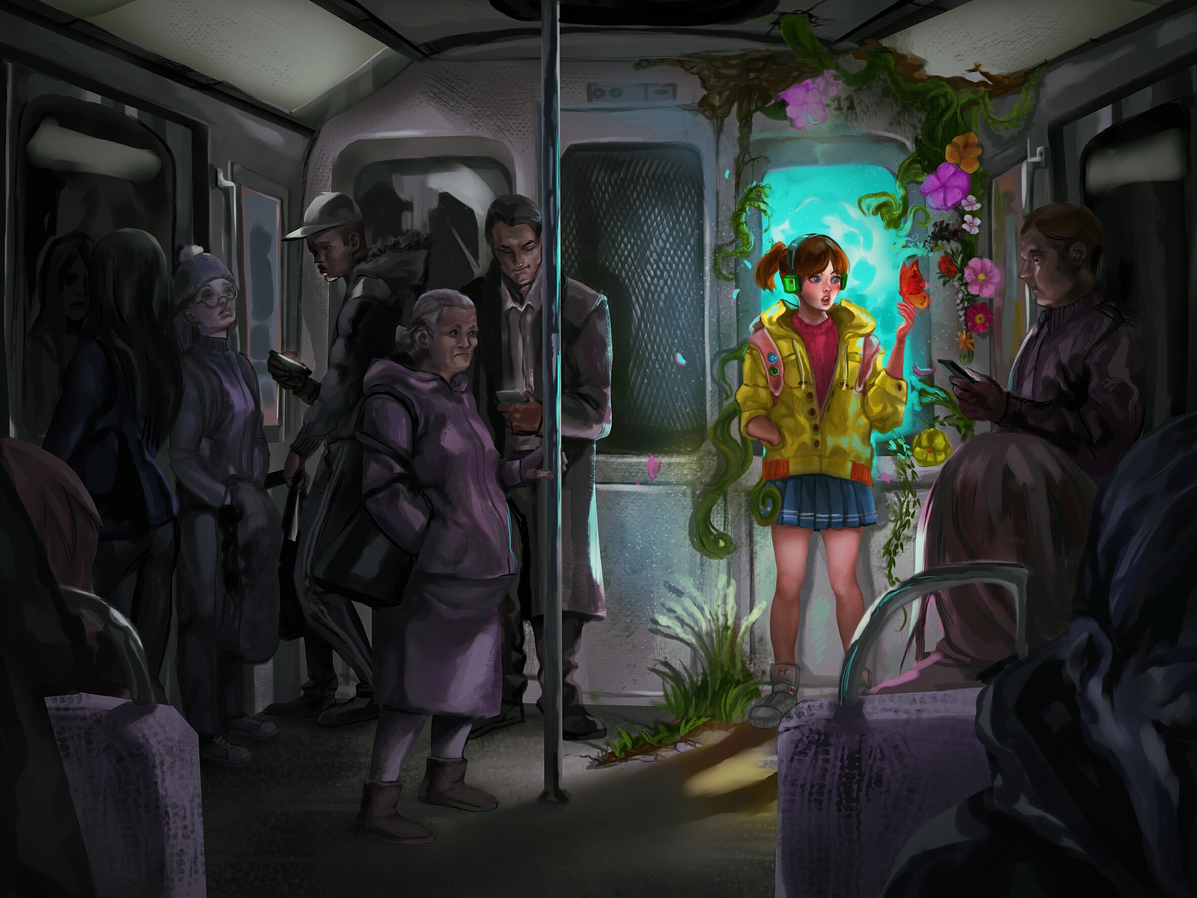 Girl with headphones on a subway train with plants HD Wallpaper