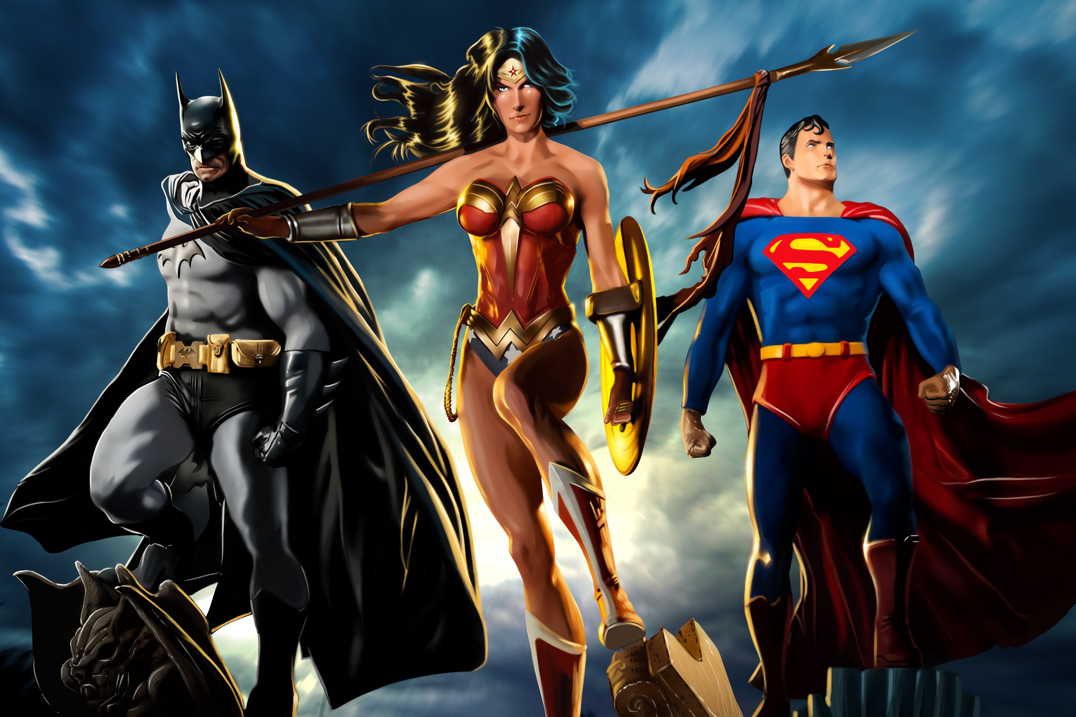 4K Batman, Superman, and Wonder Woman with Spear and Shield HD Wallpaper
