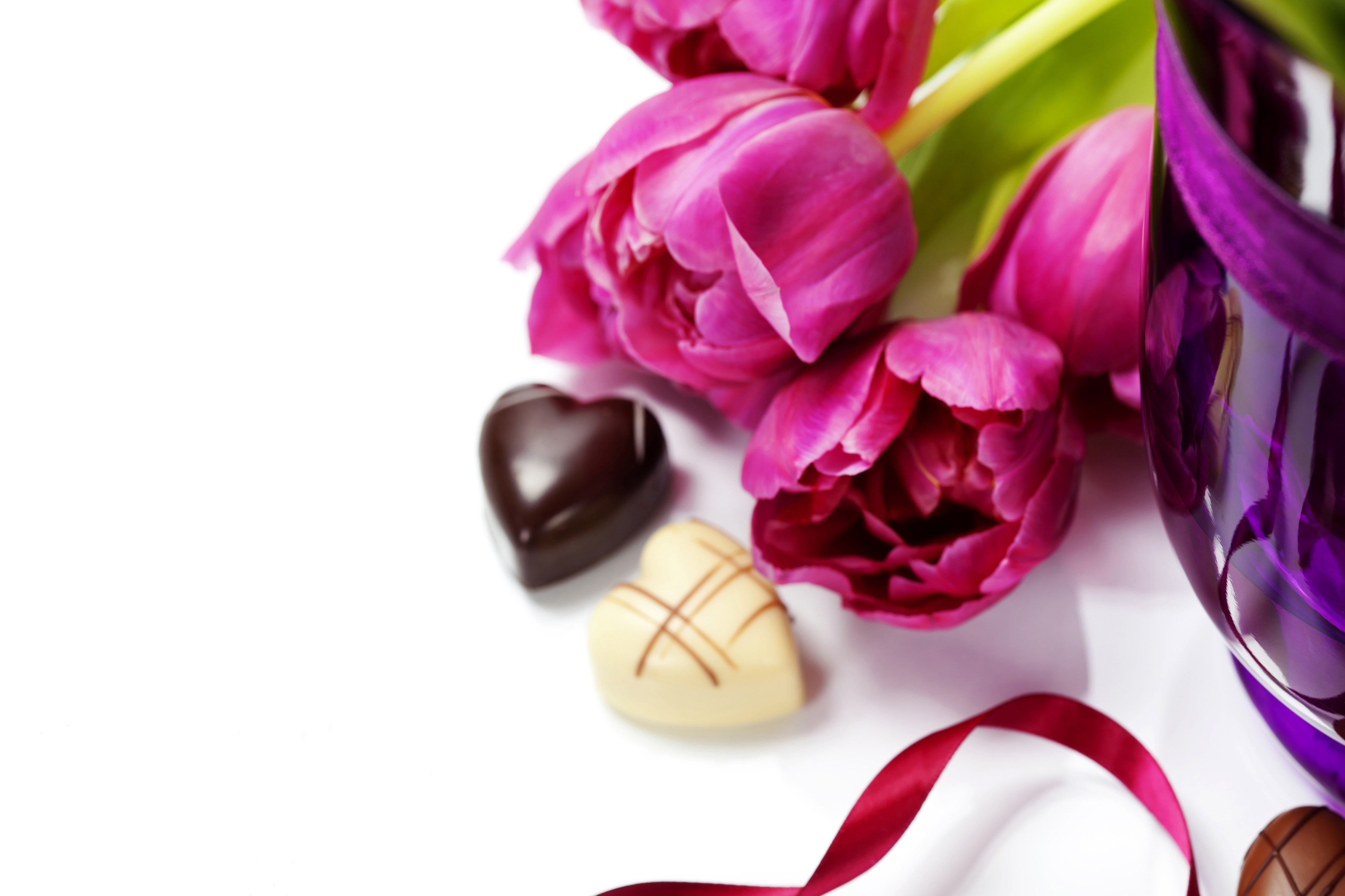Pink Tulips with Heart Chocolates and Ribbon HD Wallpaper