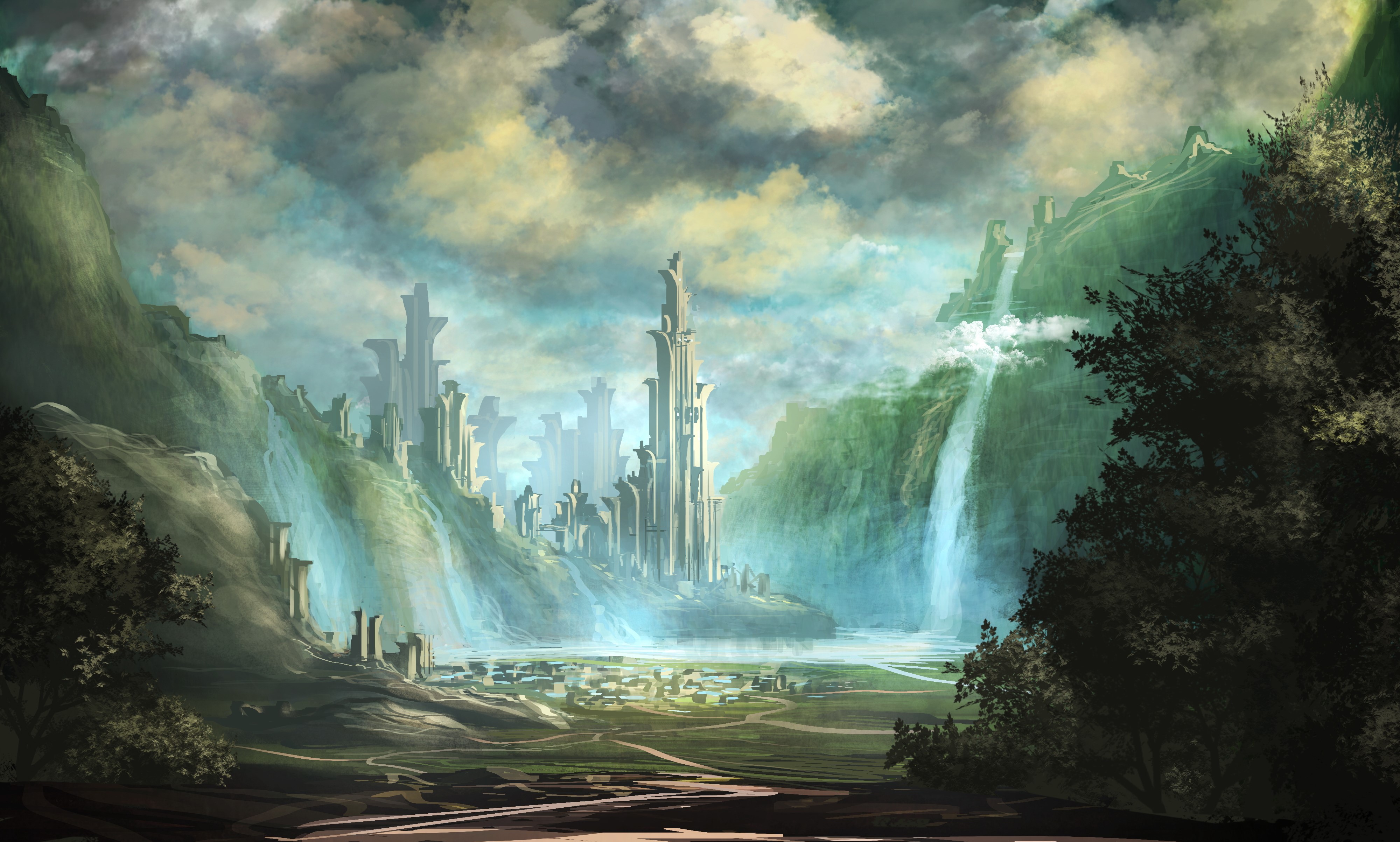 Fantastic world with waterfalls and futuristic city HD Wallpaper