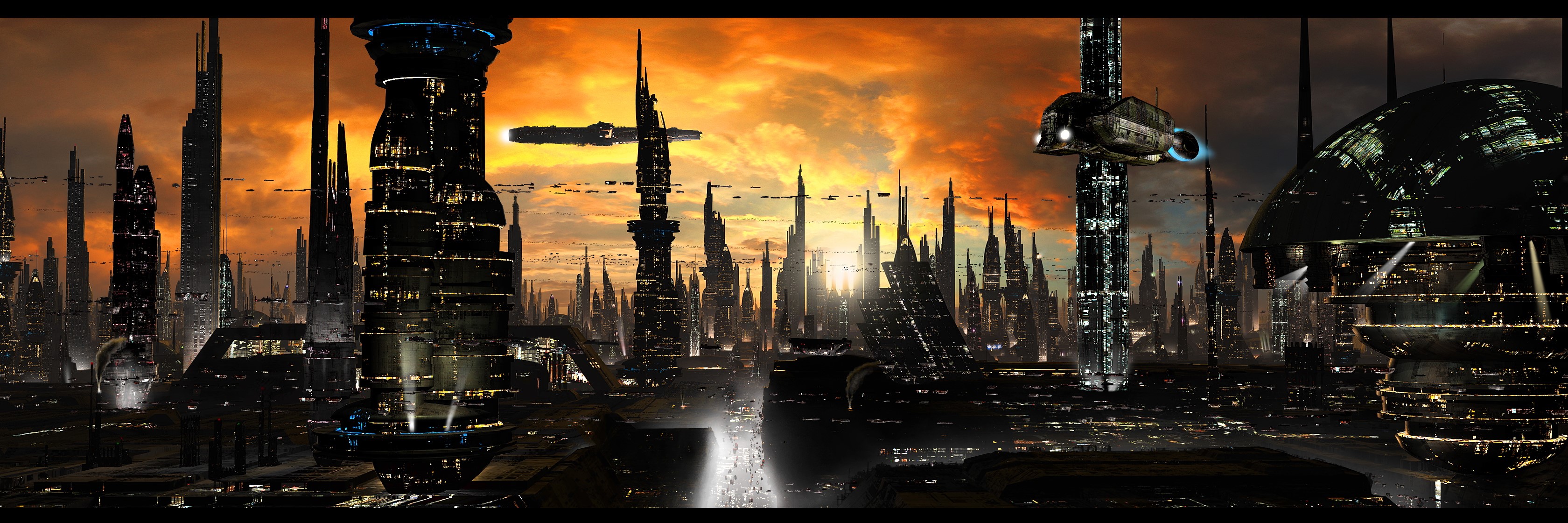 Futuristic city skyline at sunset with flying vehicles HD Wallpaper