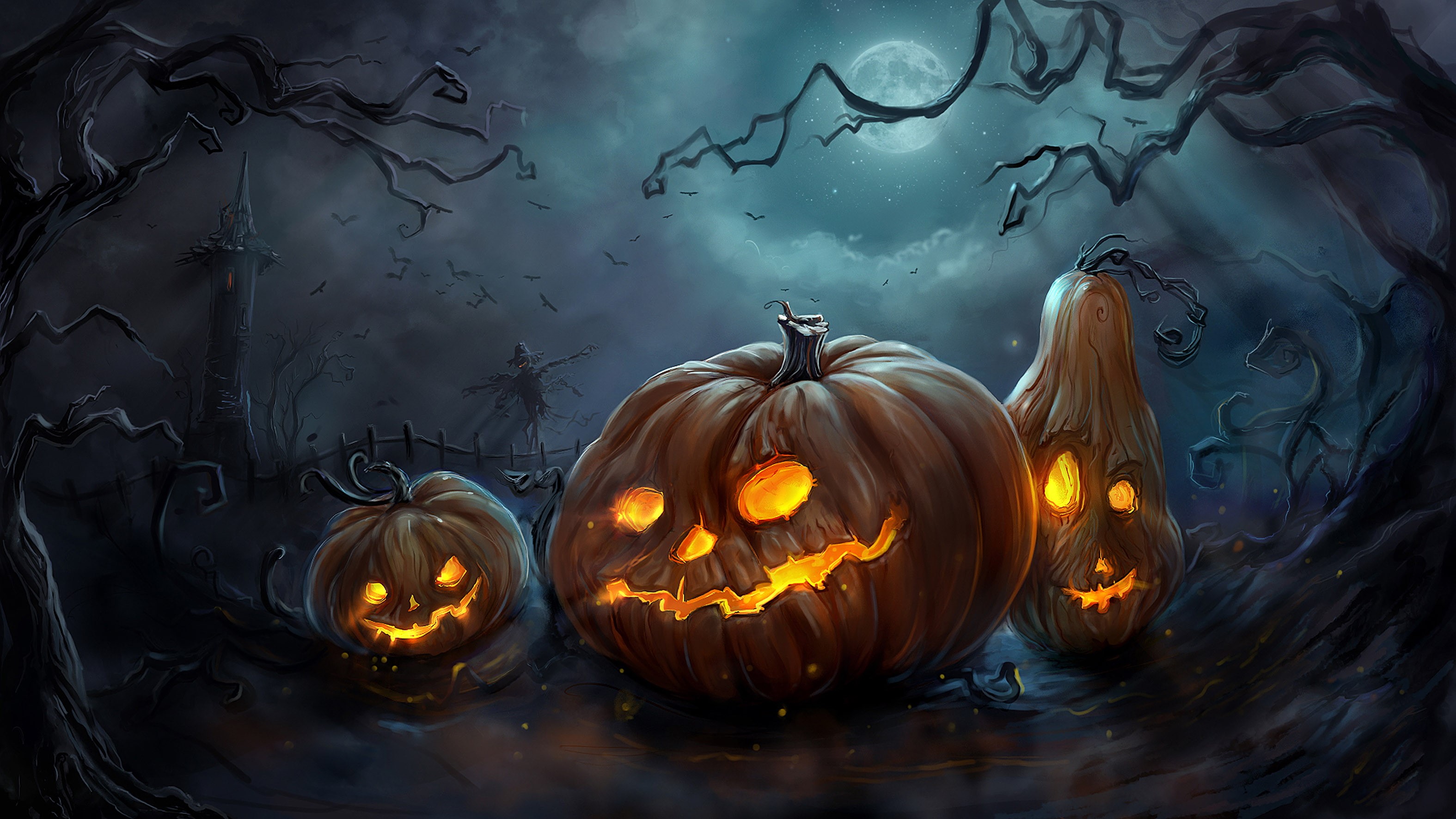 Halloween night with carved pumpkins and a spooky castle HD Wallpaper