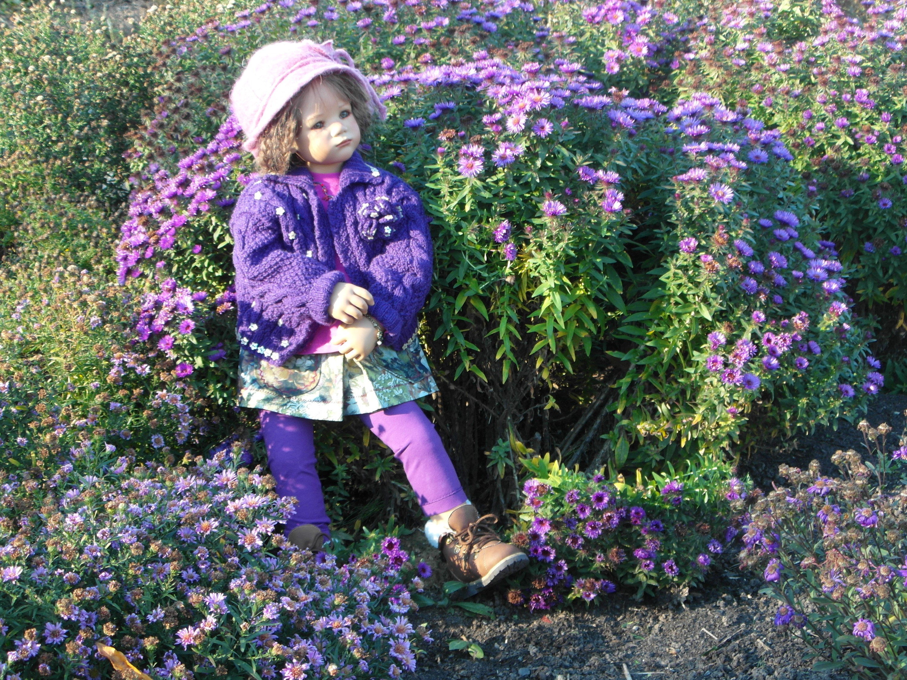 Doll in a purple cardigan among chrysanthemums at Grugapark Essen HD Wallpaper