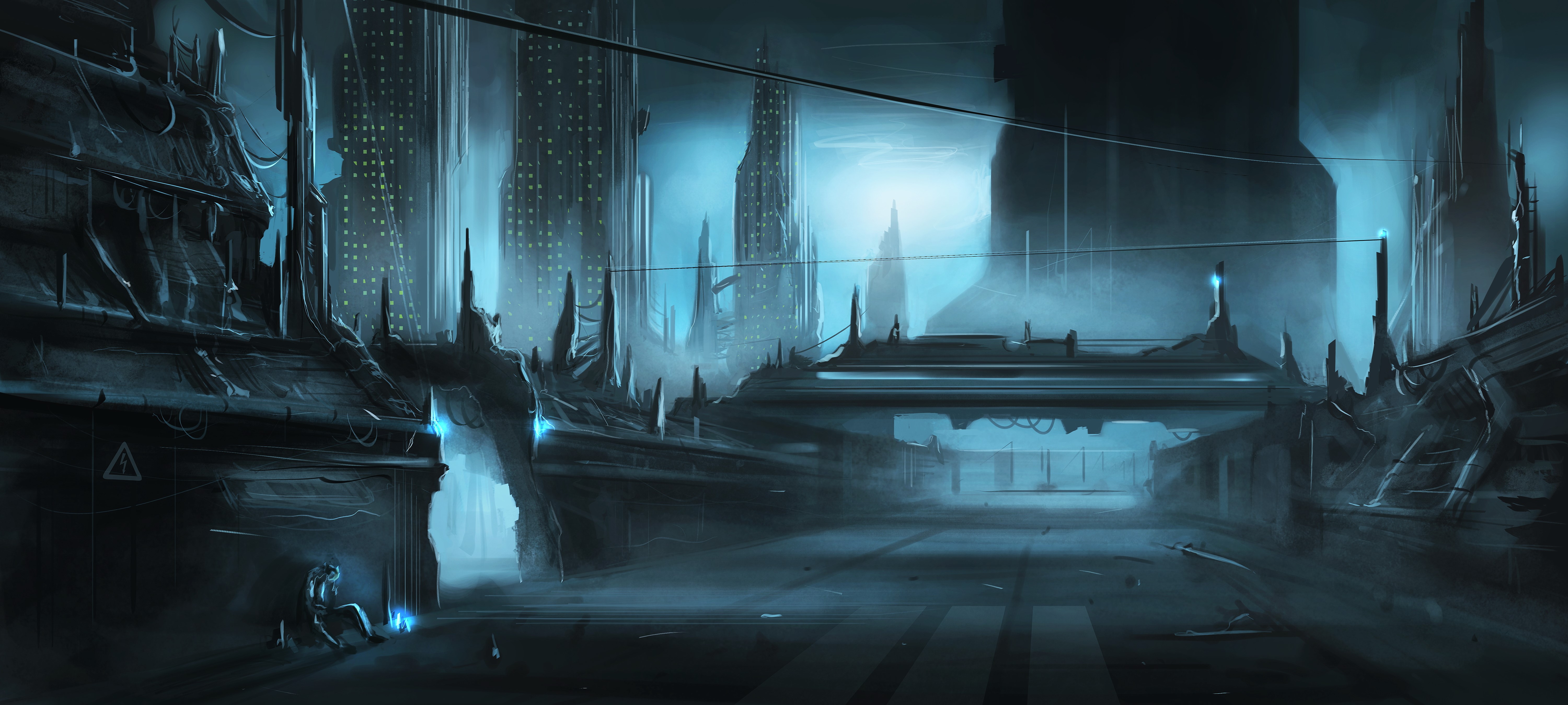 Futuristic Cityscape with a lone figure HD Wallpaper