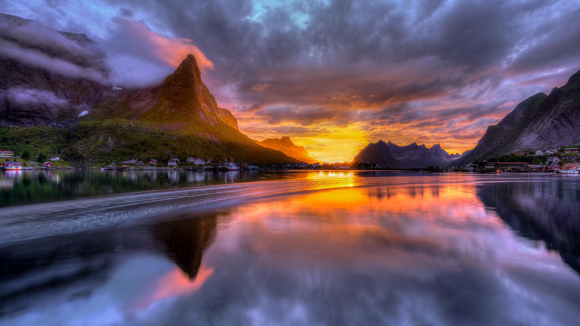 Sunset over a Norwegian Fjord with Mountains and Village HD Wallpaper