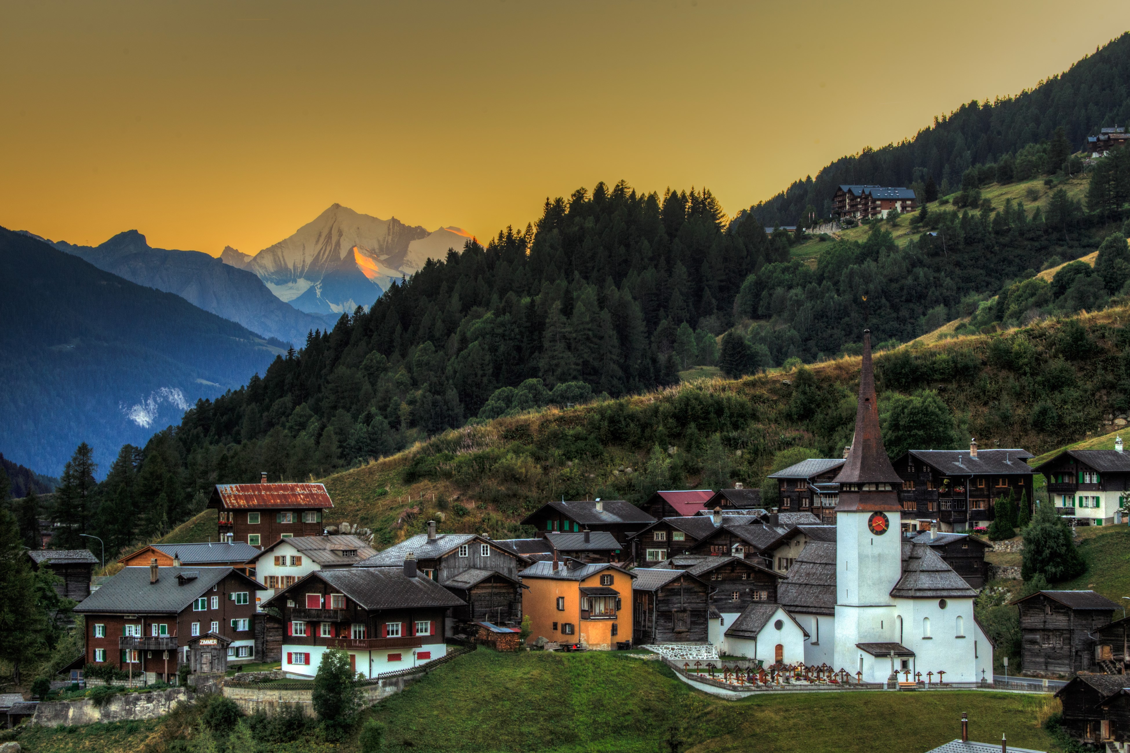4K Biel Goms Switzerland Village with Mountains and Forests HD Wallpaper