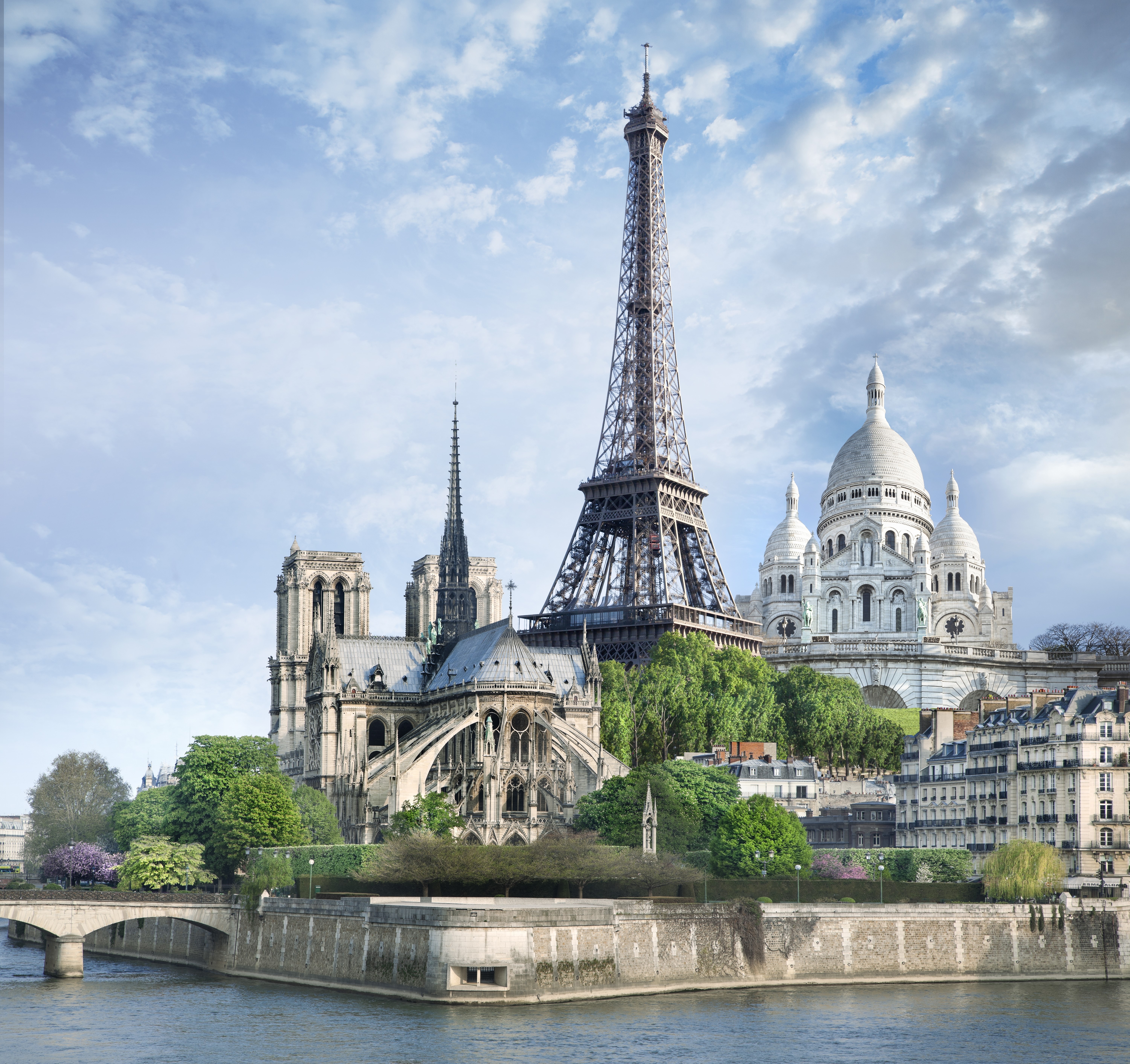 Paris landmarks: Eiffel Tower, Notre Dame, Sacré-Cœur HD Wallpaper