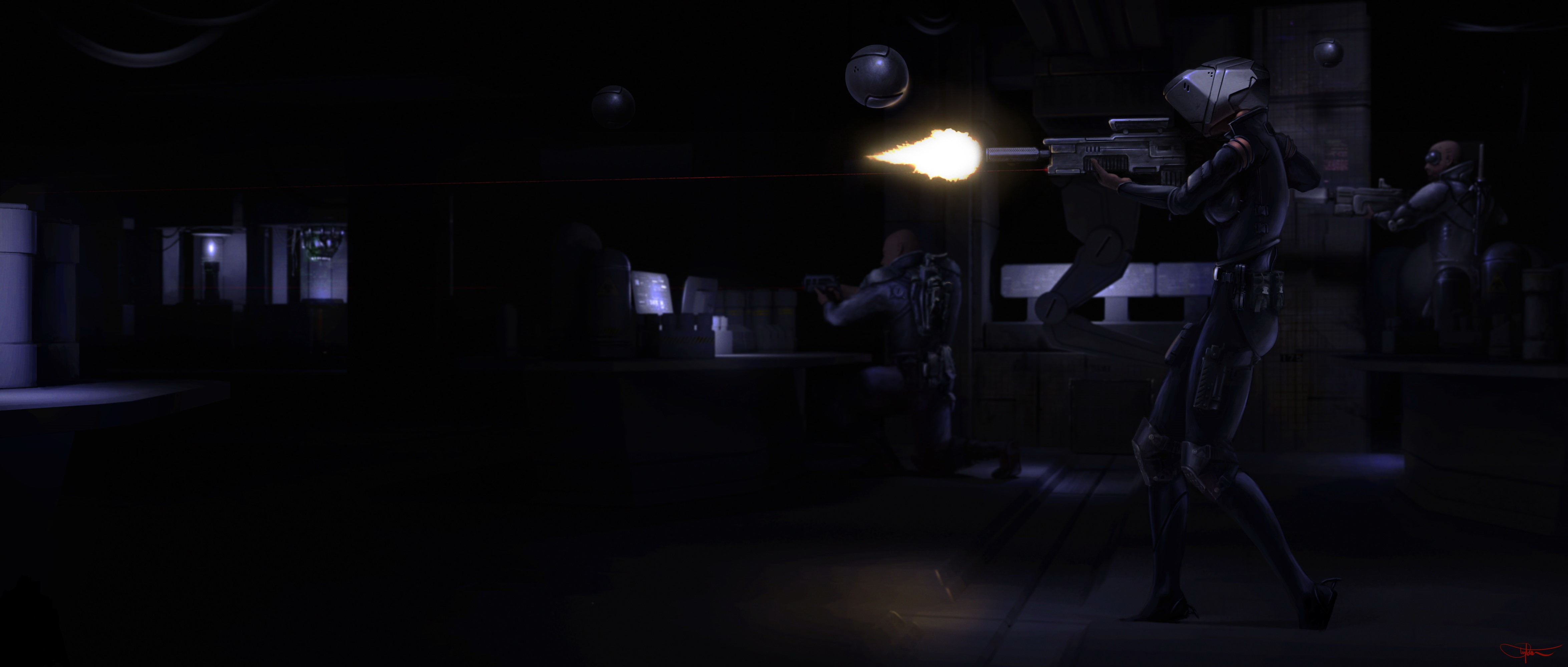 Warriors firing assault rifles in a dark room HD Wallpaper