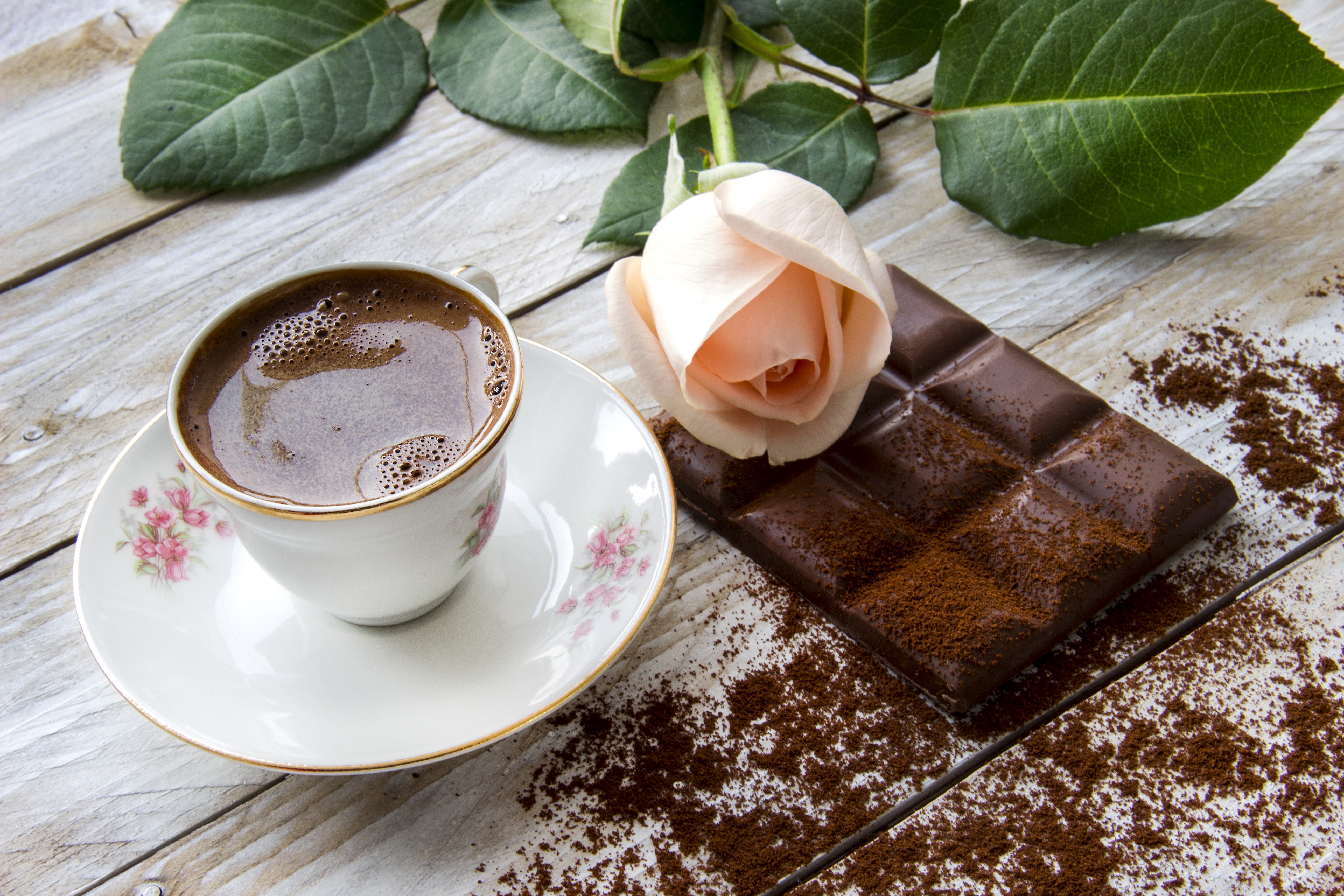 Coffee, Chocolate, and Rose Still Life HD Wallpaper