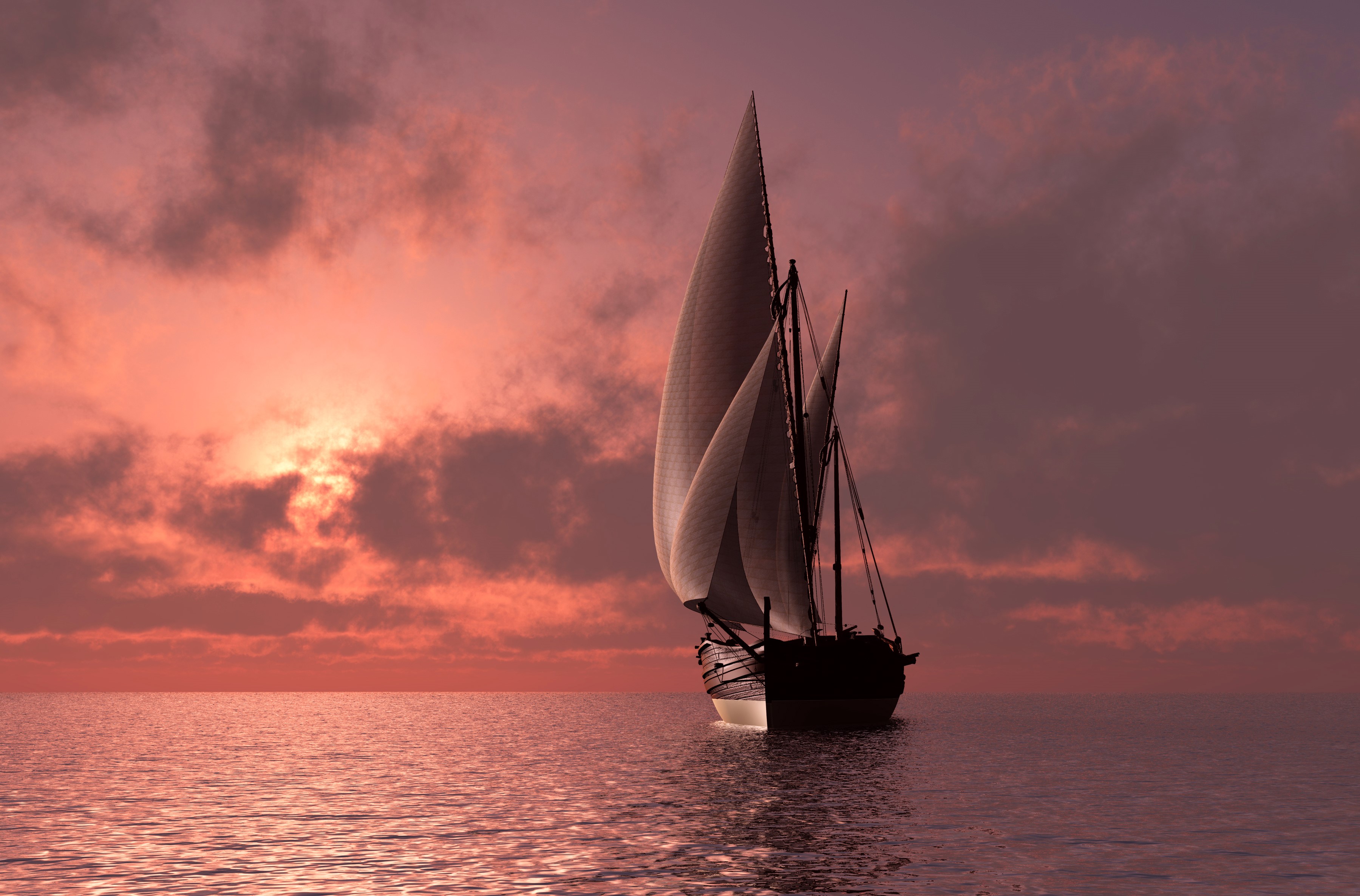 Sailboat sailing on the sea at sunset HD Wallpaper