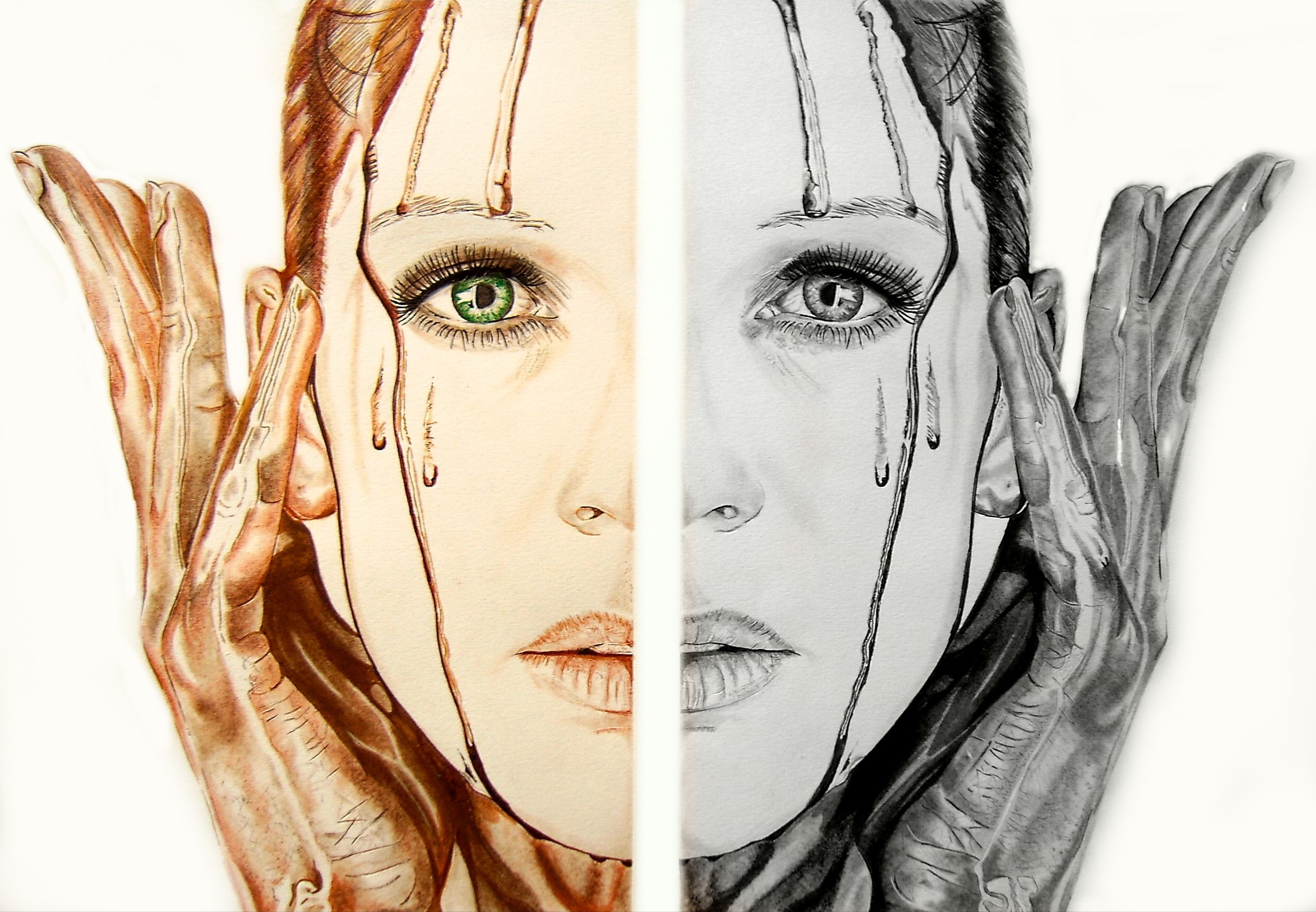 Split face painting with dripping liquid and hands HD Wallpaper