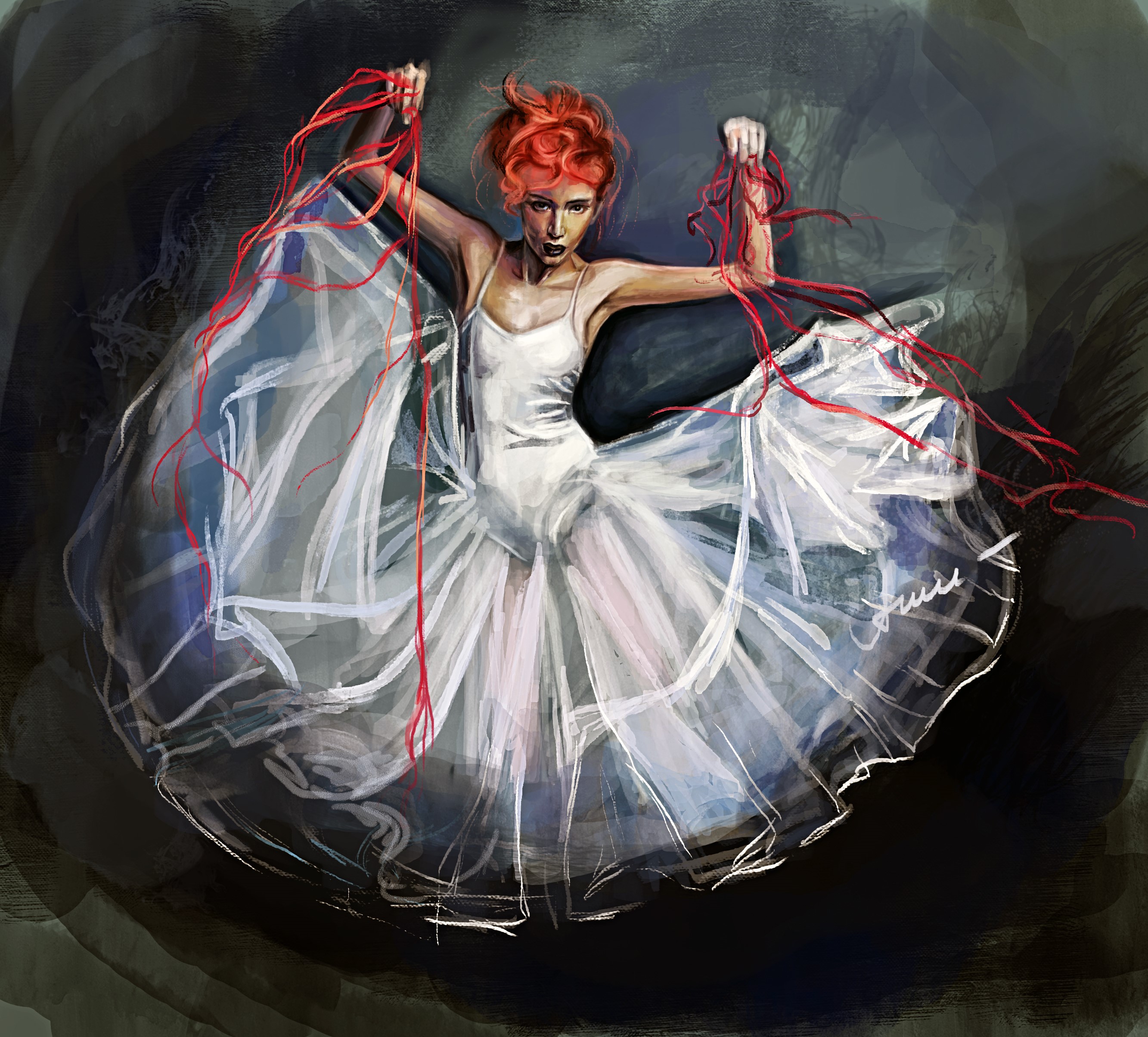 Painting of a ballerina with red hair and a white dress HD Wallpaper