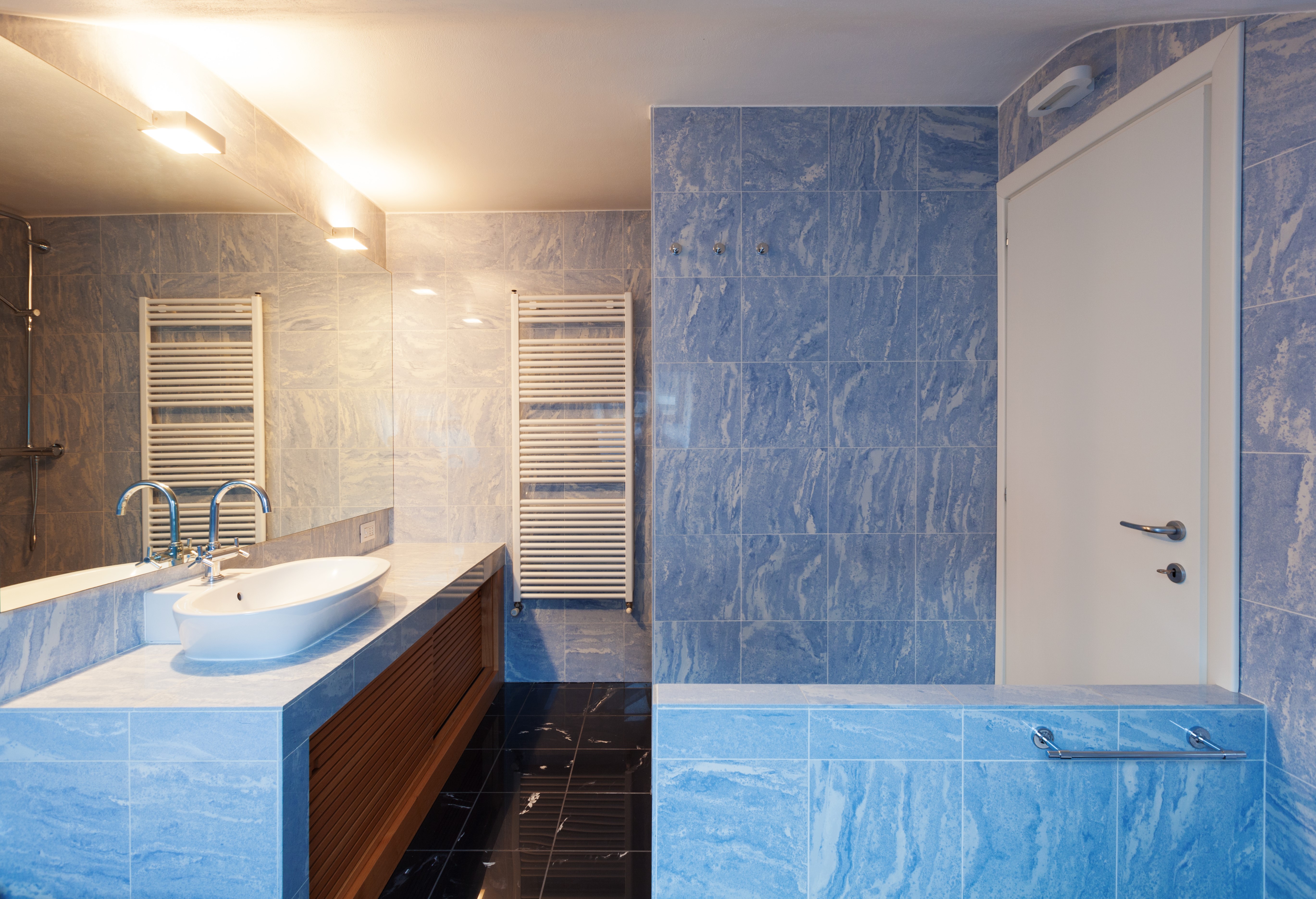 Modern Bathroom with Blue Tiles and Mirror HD Wallpaper