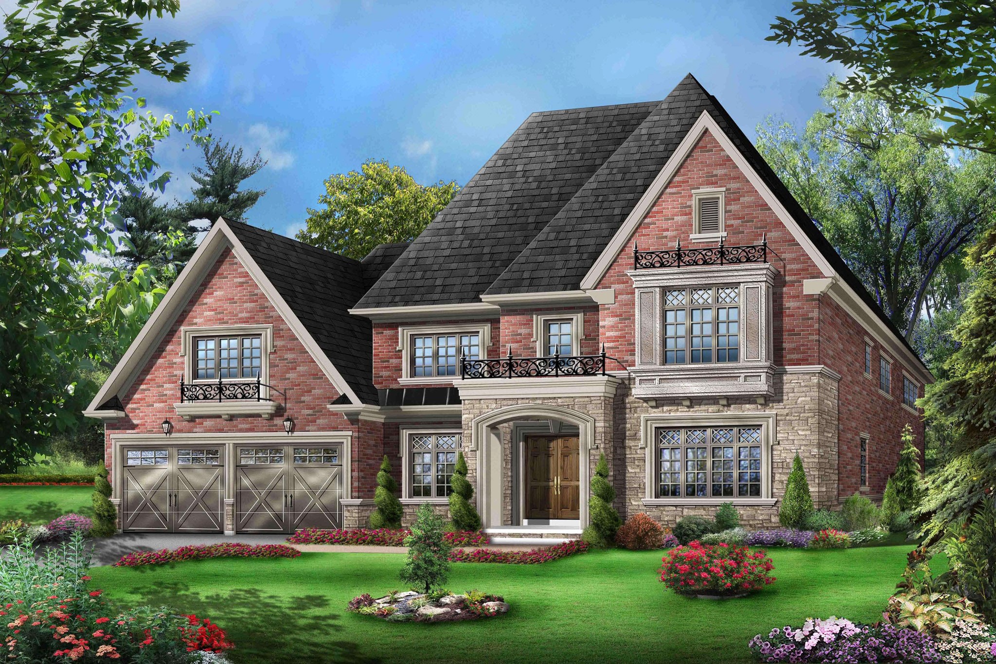 Brick mansion with a manicured lawn and trees HD Wallpaper