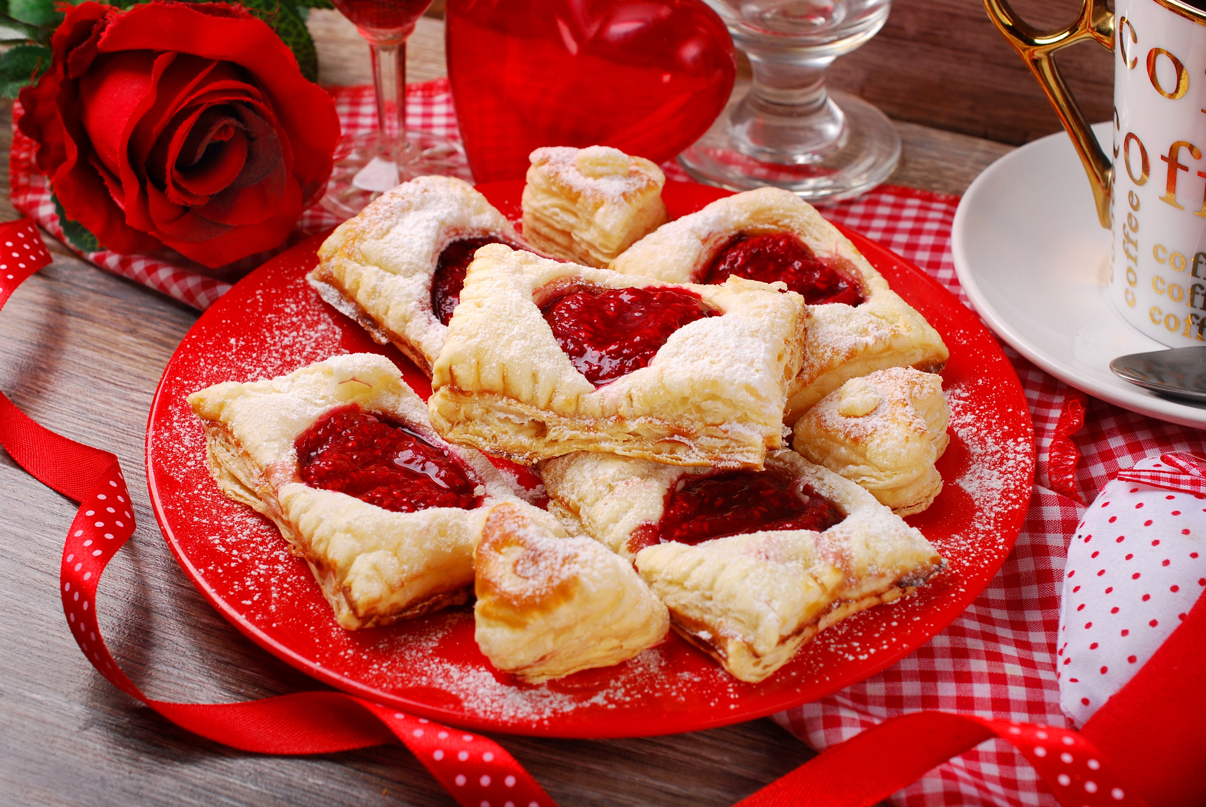 Valentine's Day Pastries with Rose and Coffee HD Wallpaper