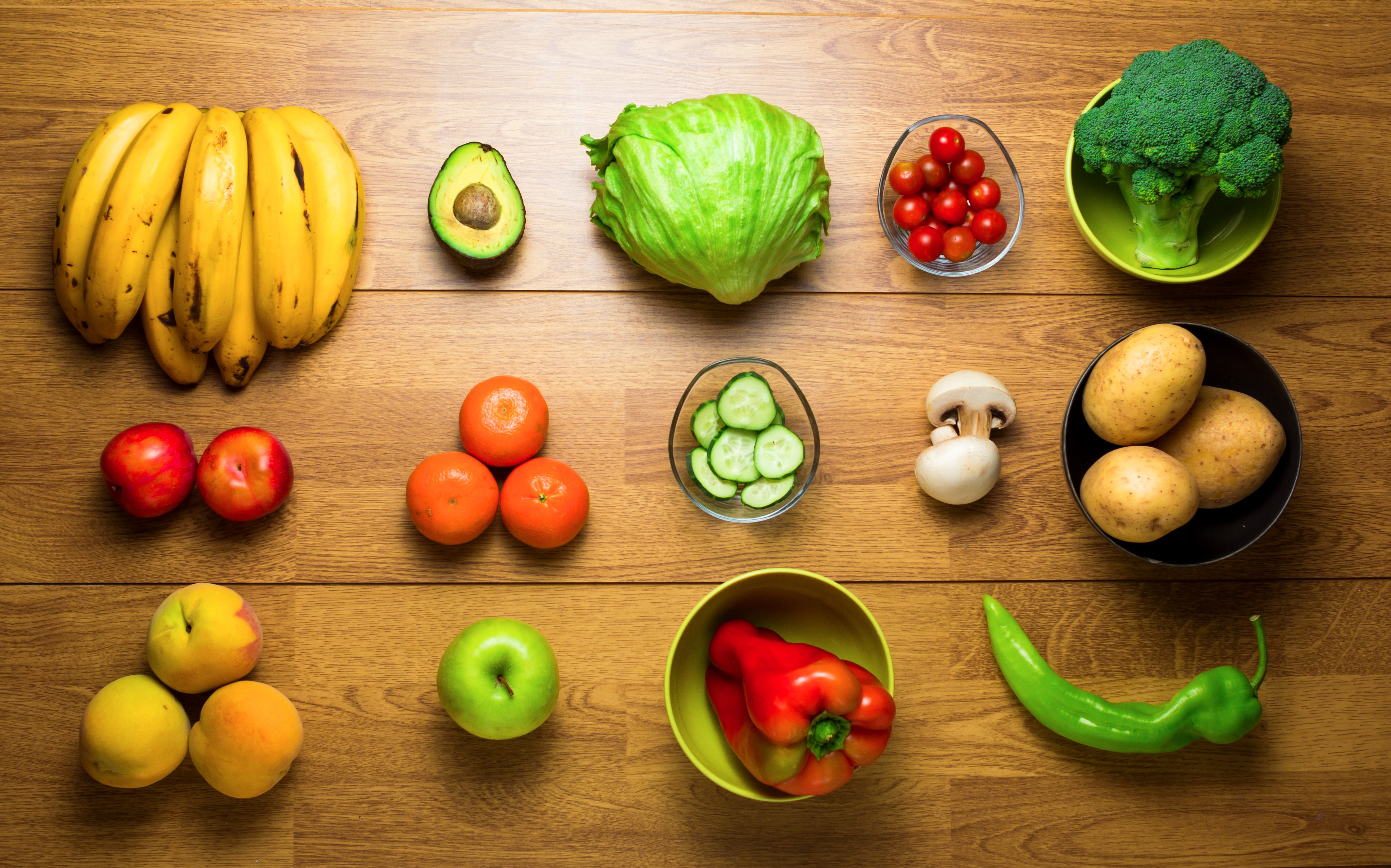 Assortment of Fruits and Vegetables on Wooden Table HD Wallpaper