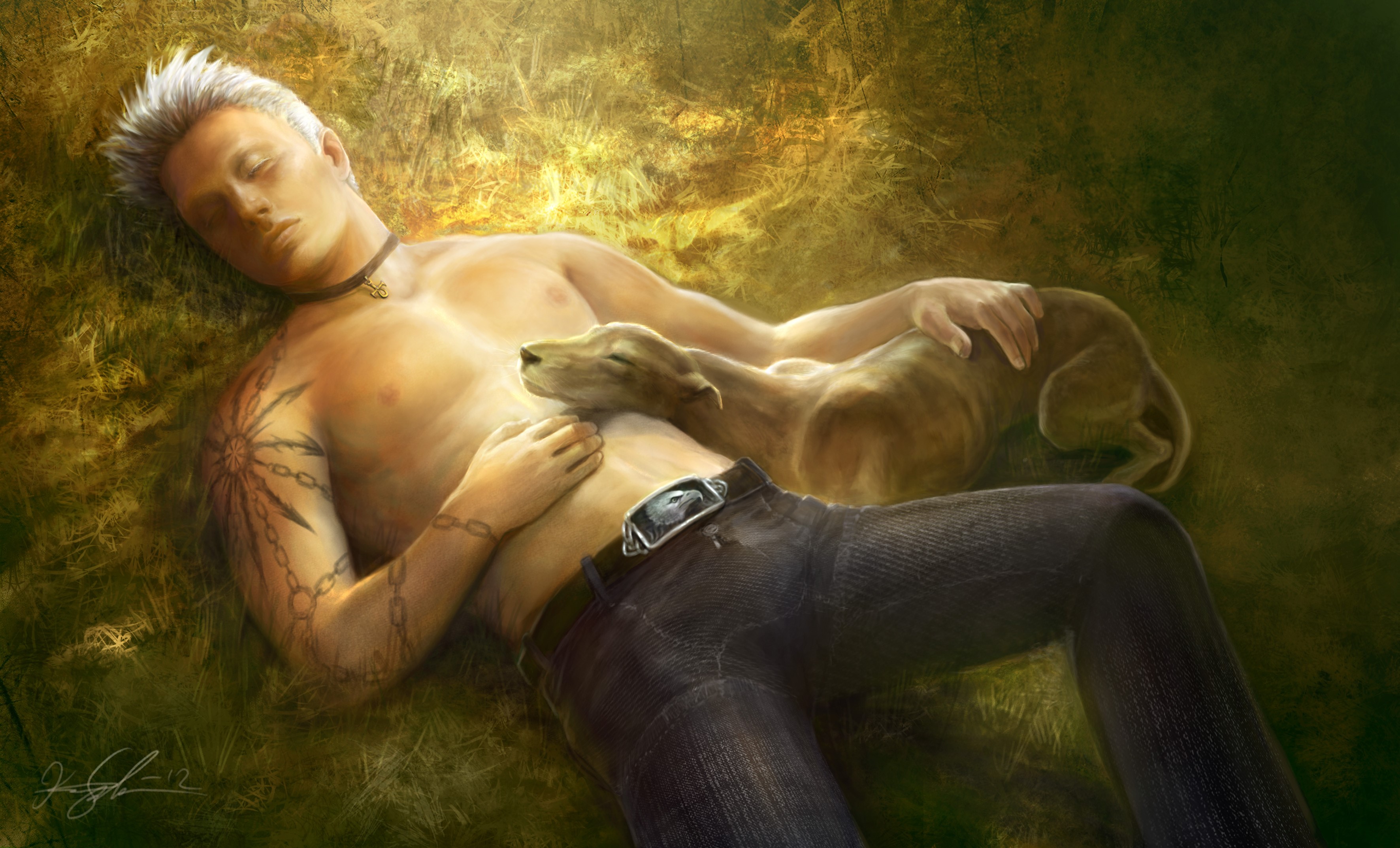 Man and dog sleeping in grass HD Wallpaper