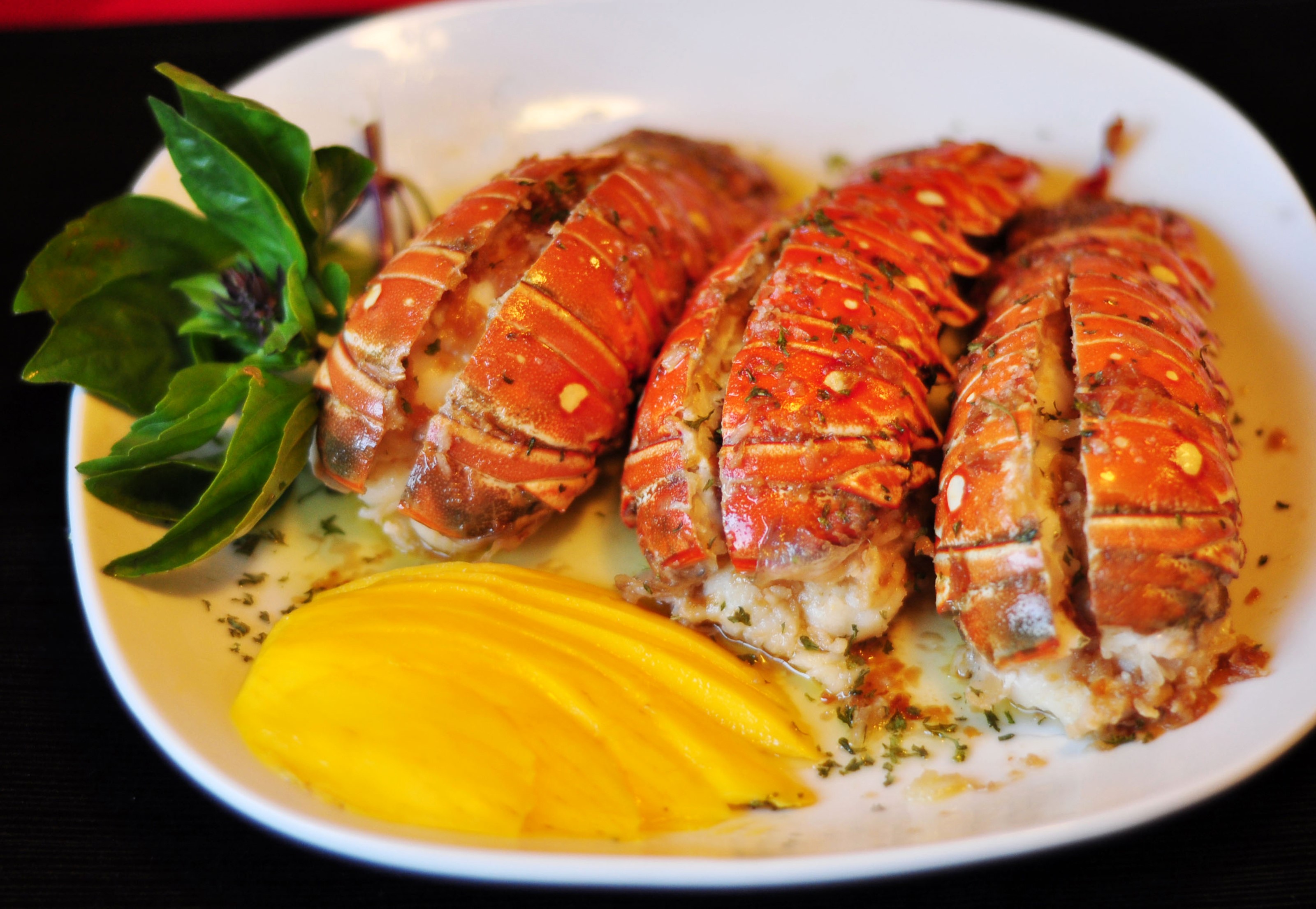 Lobster tails with mango and basil on a plate HD Wallpaper