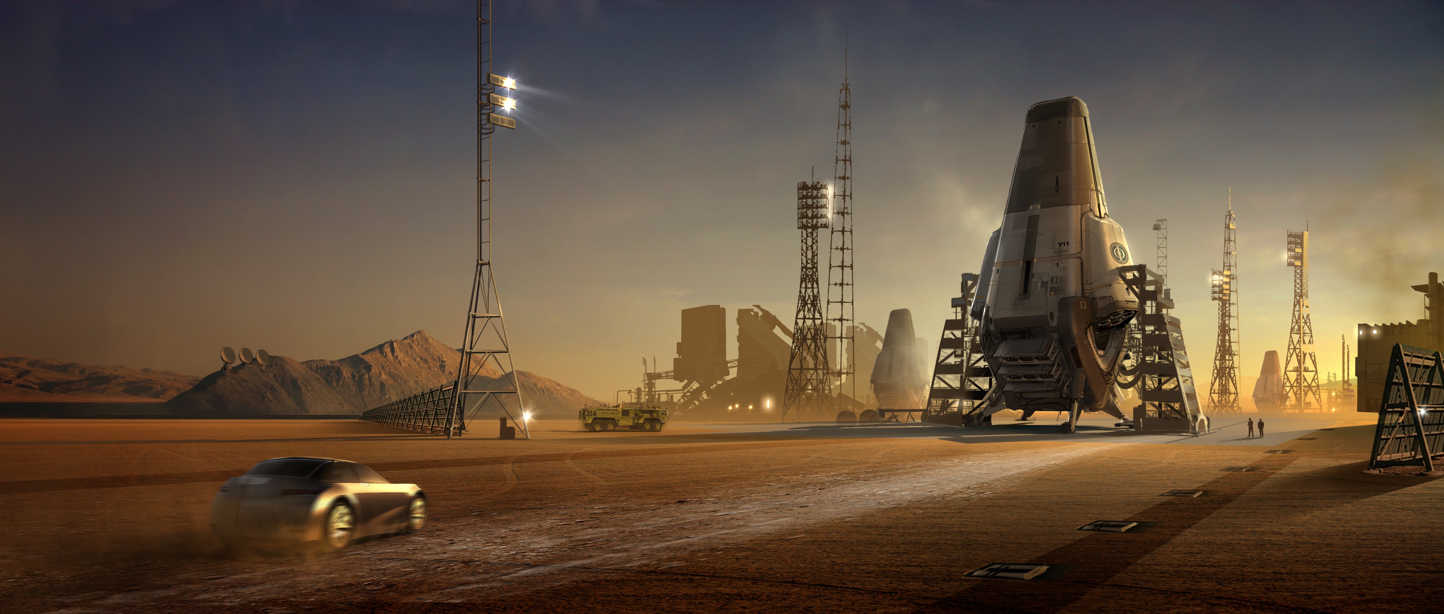4K Spaceport with Rocket and Car HD Wallpaper