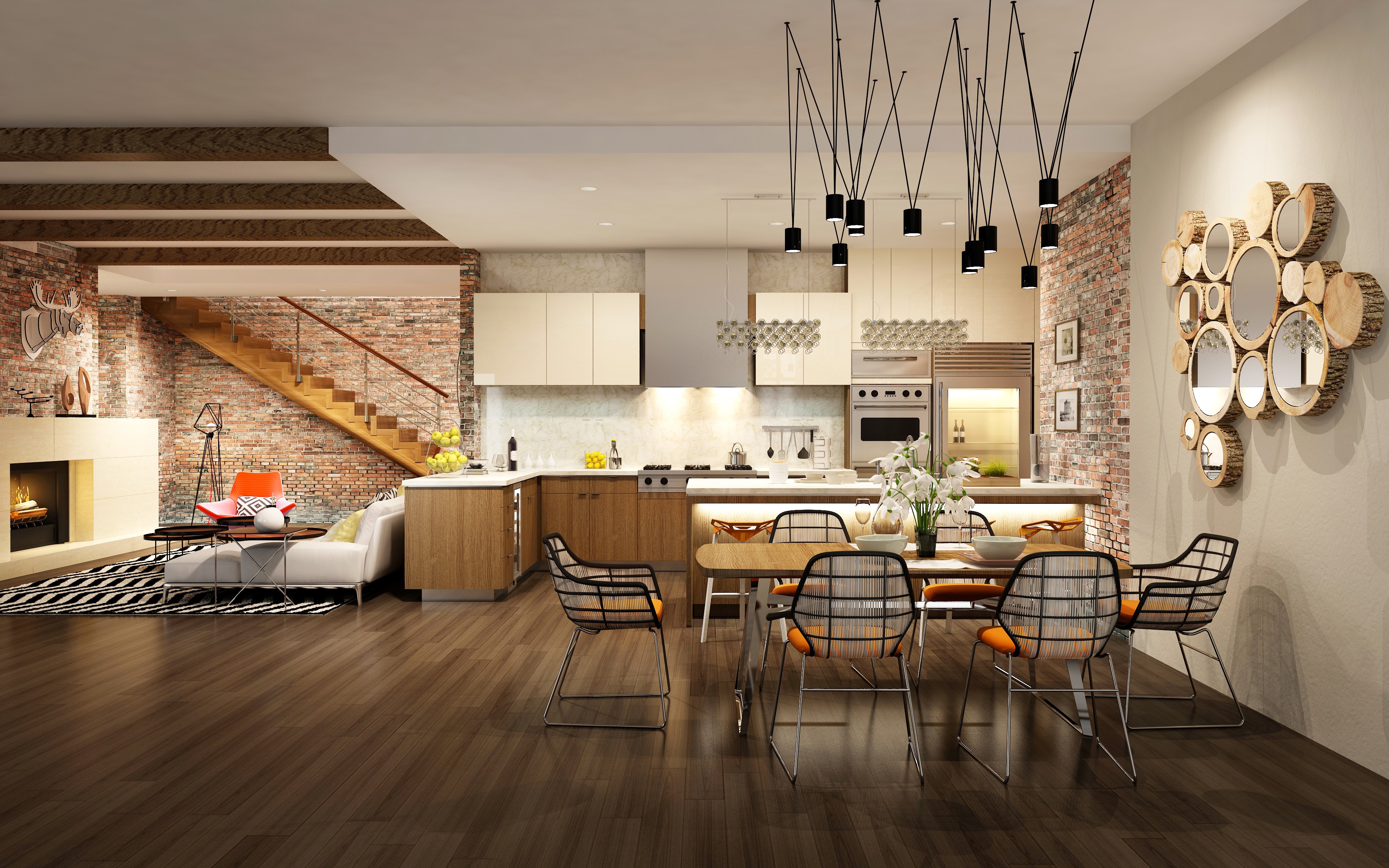 Modern open-plan living space with kitchen and dining area HD Wallpaper