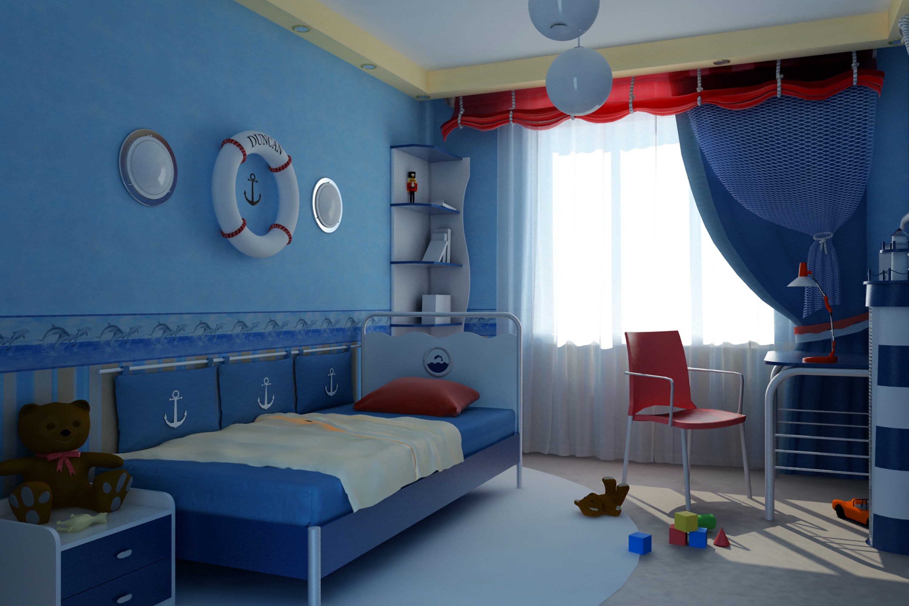 Nautical themed bedroom with a bed, chair, and toys HD Wallpaper