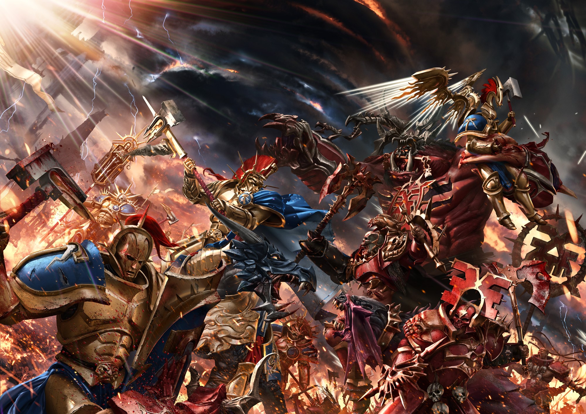 Warriors battling monsters in front of Gates of Azyr HD Wallpaper