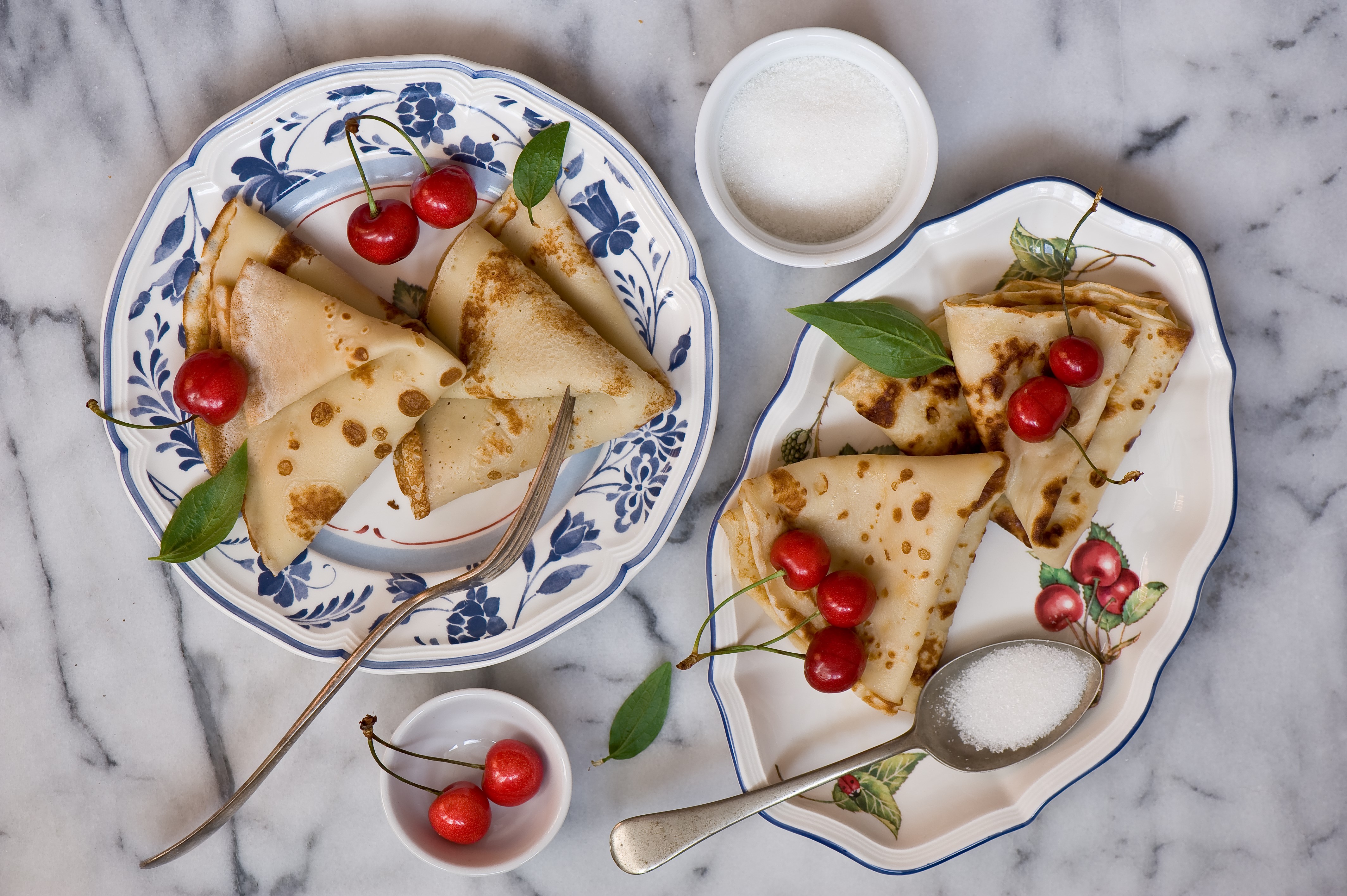 Pancakes with Cherries and Sugar on Plates HD Wallpaper