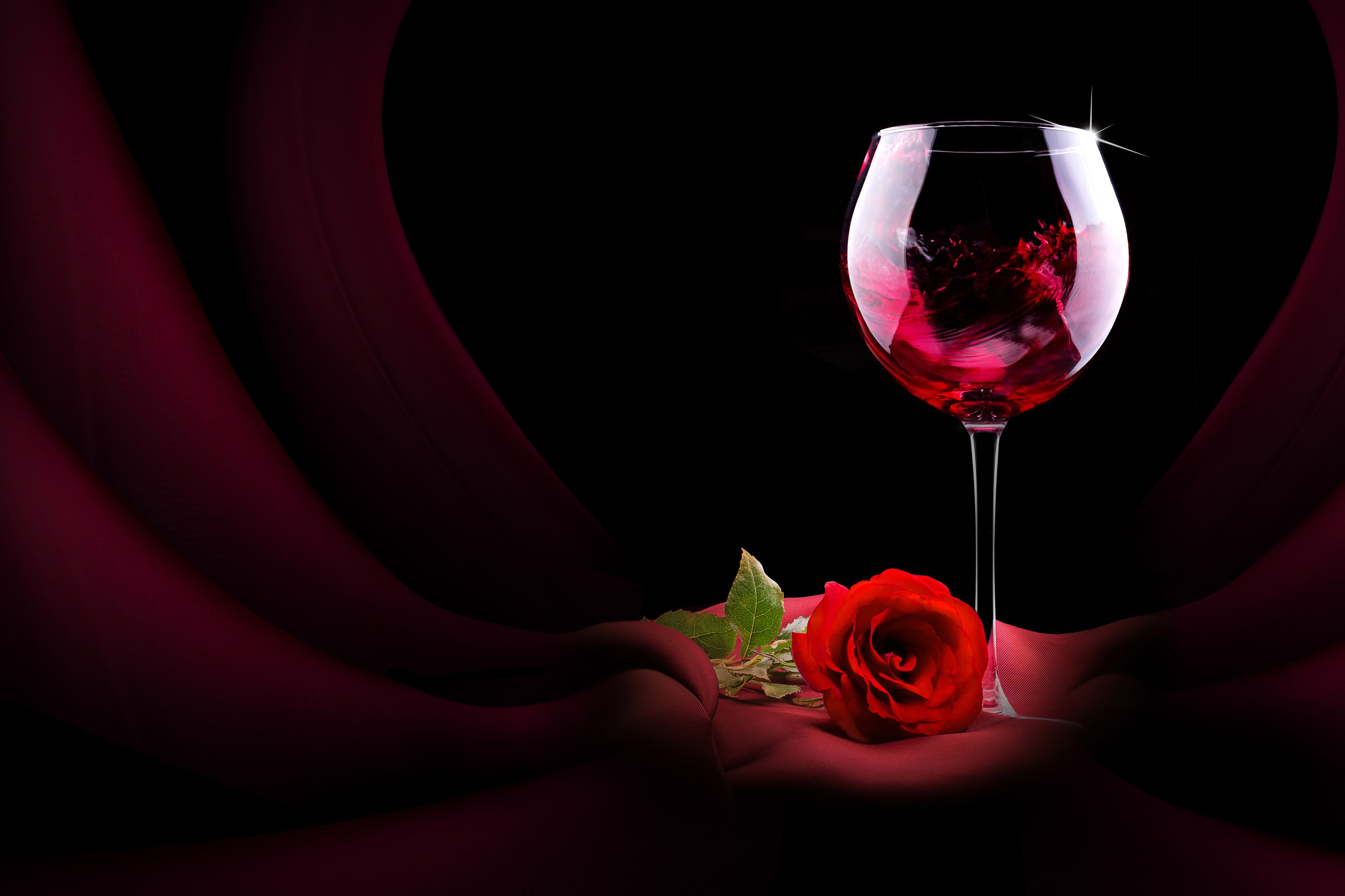 Glass of red wine and a red rose HD Wallpaper